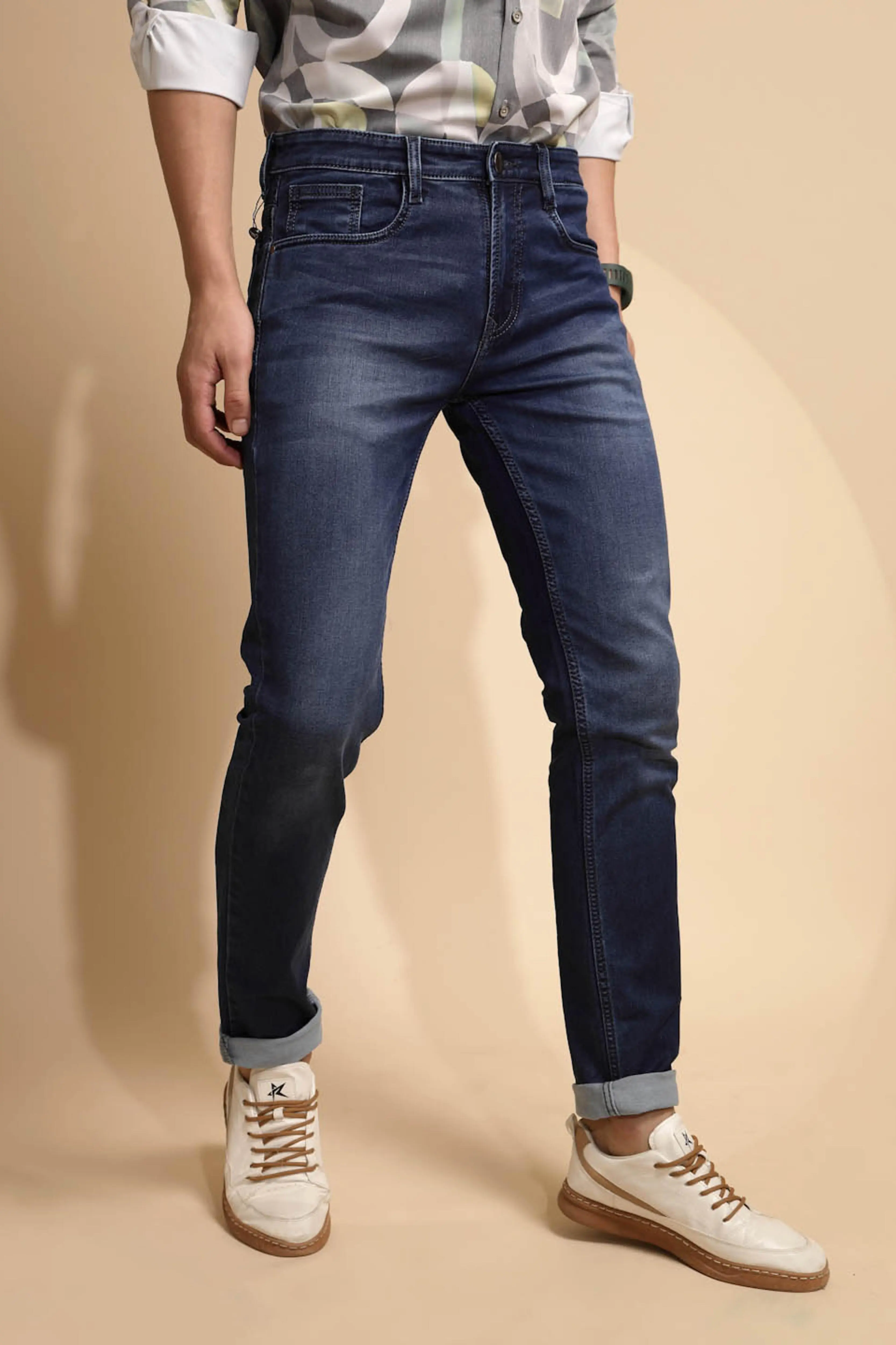 Solid Blue Mid Rise Cotton Blend Folding Jeans - Image 3