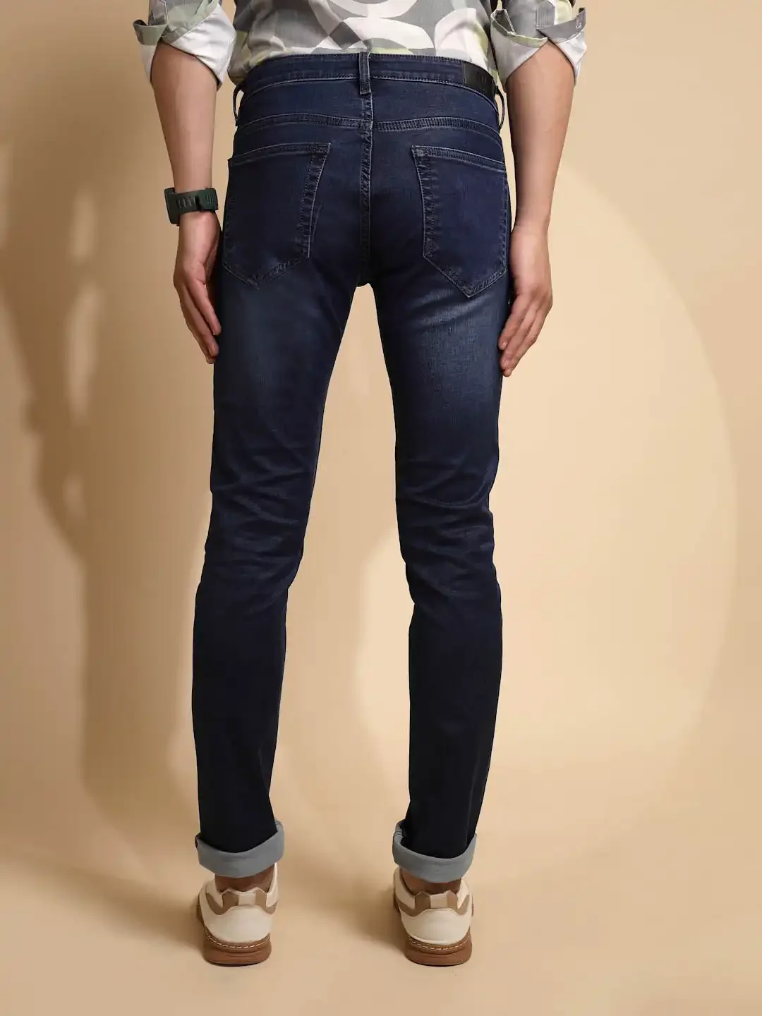 Solid Blue Mid Rise Cotton Blend Folding Jeans - Image 8