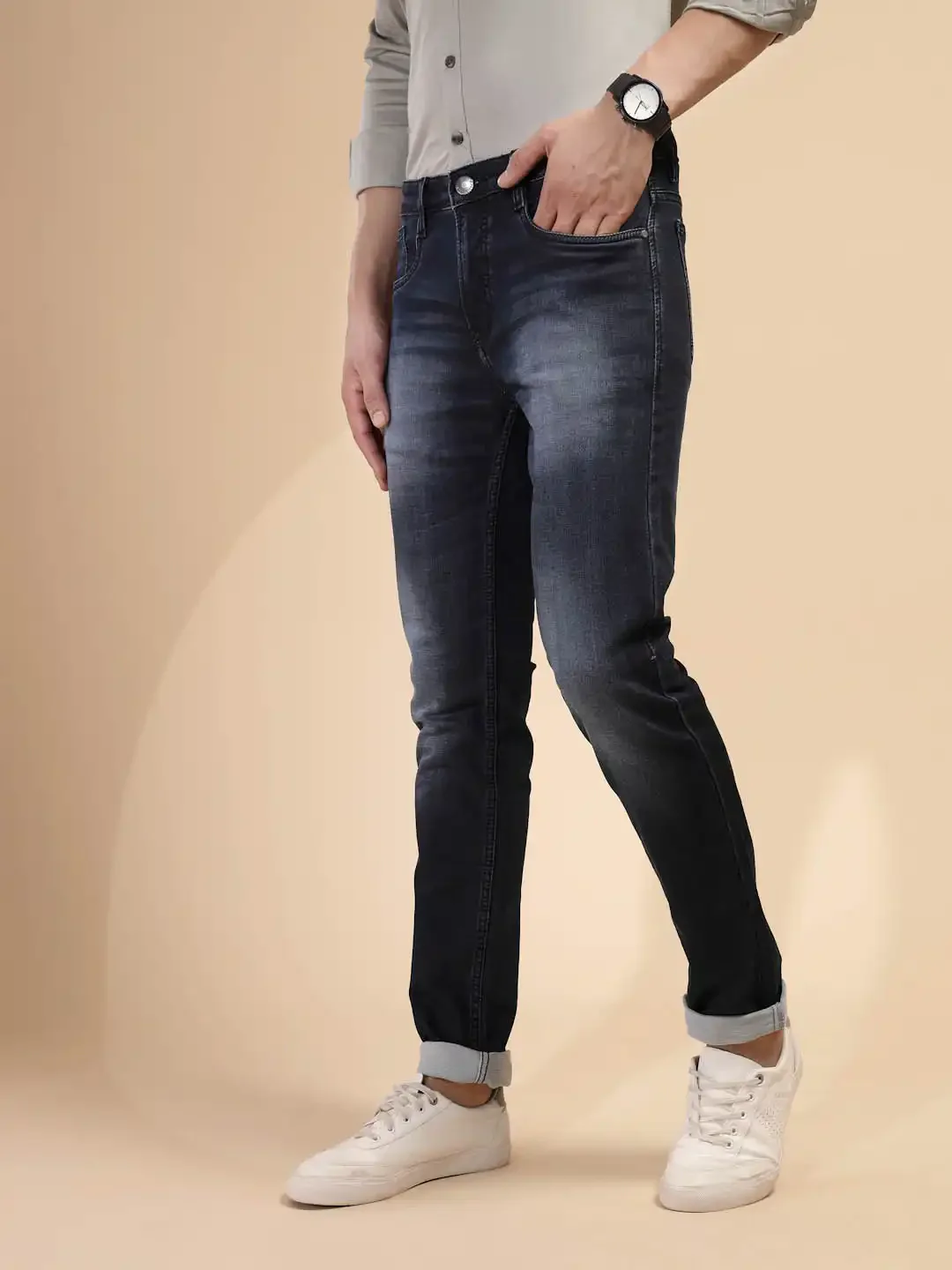 Solid Blue Mid Rise Cotton Blend Slim fit Jeans - Image 10