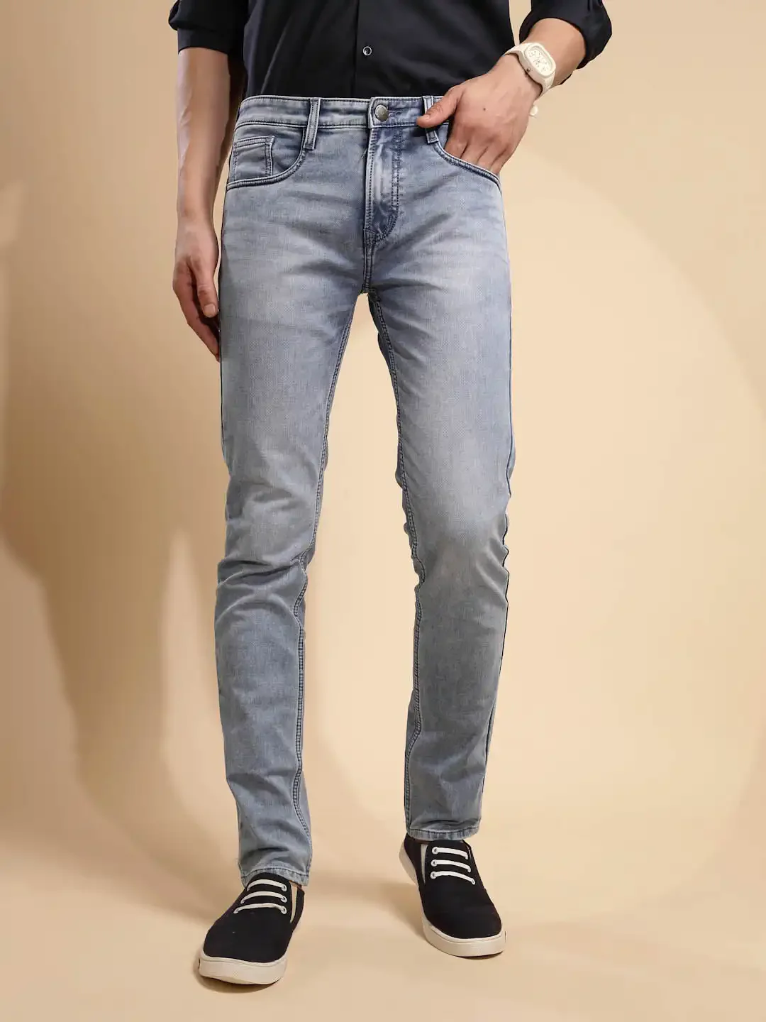 Light Blue Solid Cotton Blend Jeans - Image 7