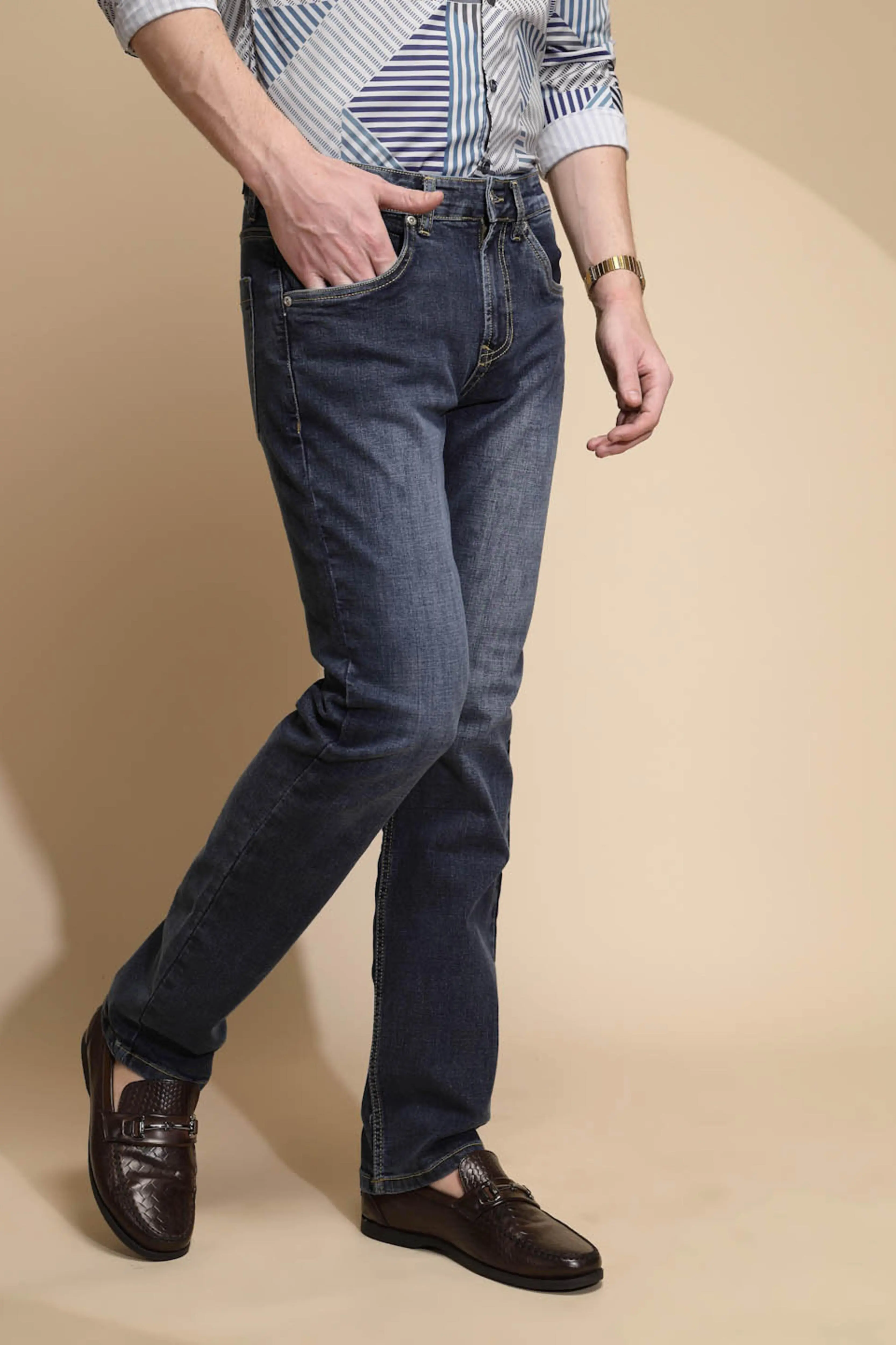Blue Solid Cotton Blend Jeans - Image 3
