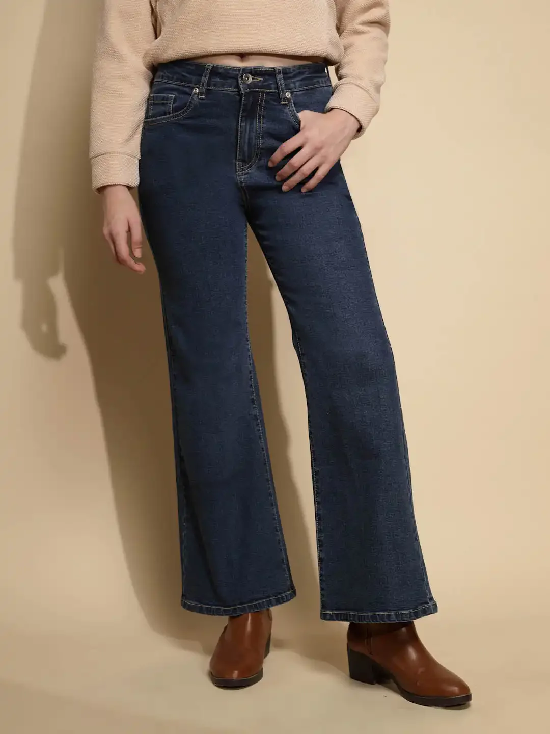 Dark Blue Solid Cotton Blend Mid Rise Wide Leg Jeans