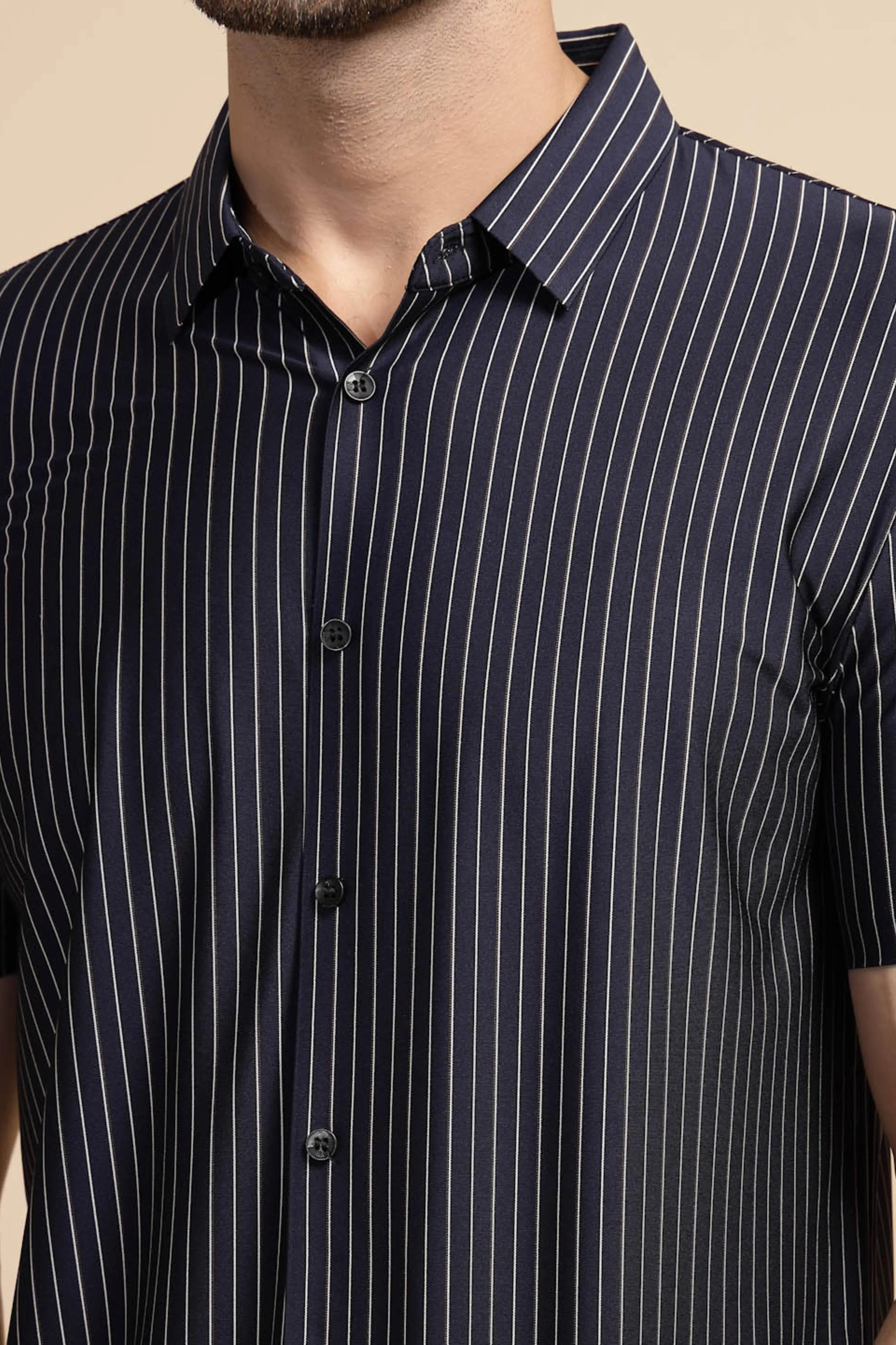 Blue Striped Half Sleeve Collared Neck Cotton Shirt - Image 5