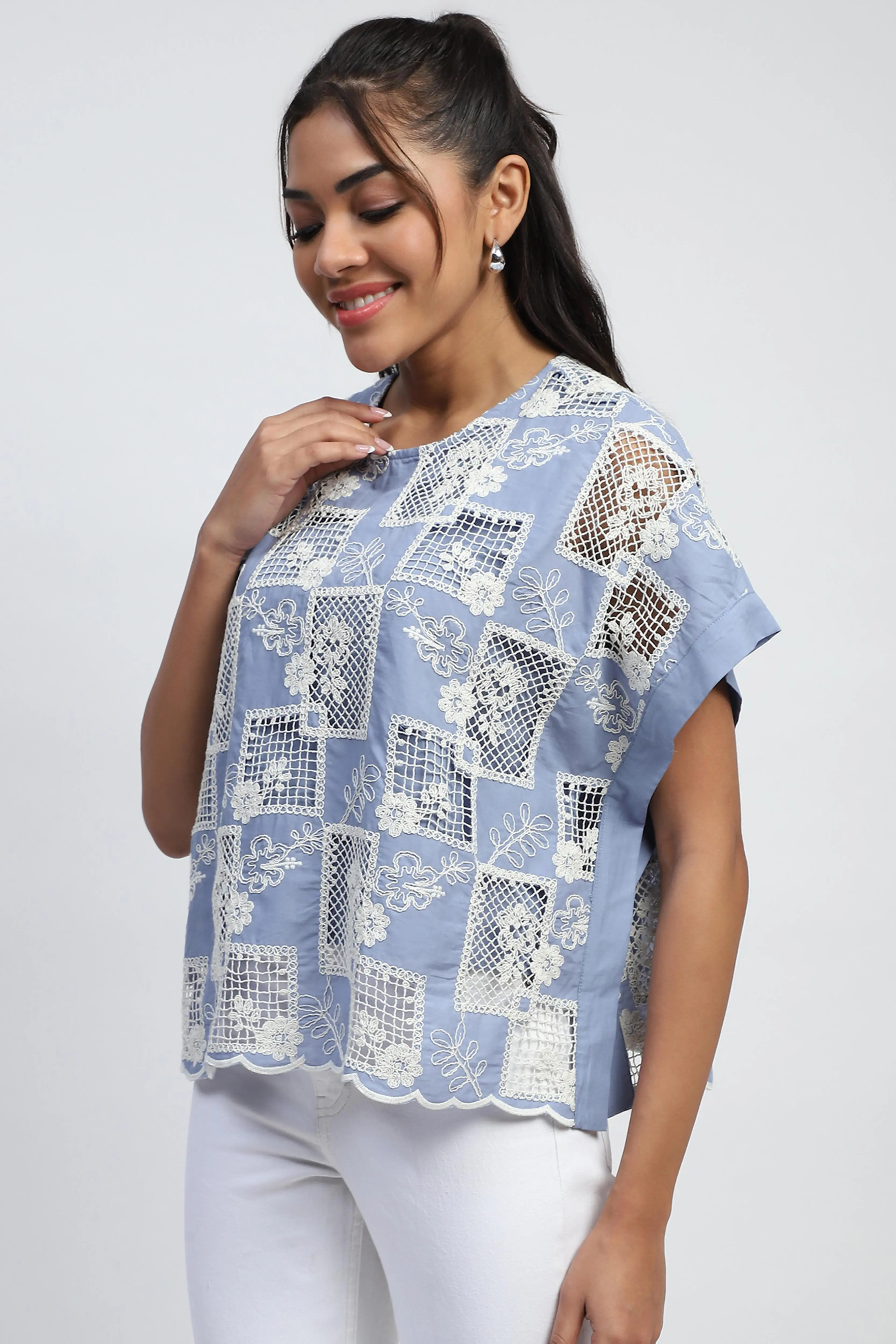 Blue Embroidered Cotton Boxy Blouse - Image 2