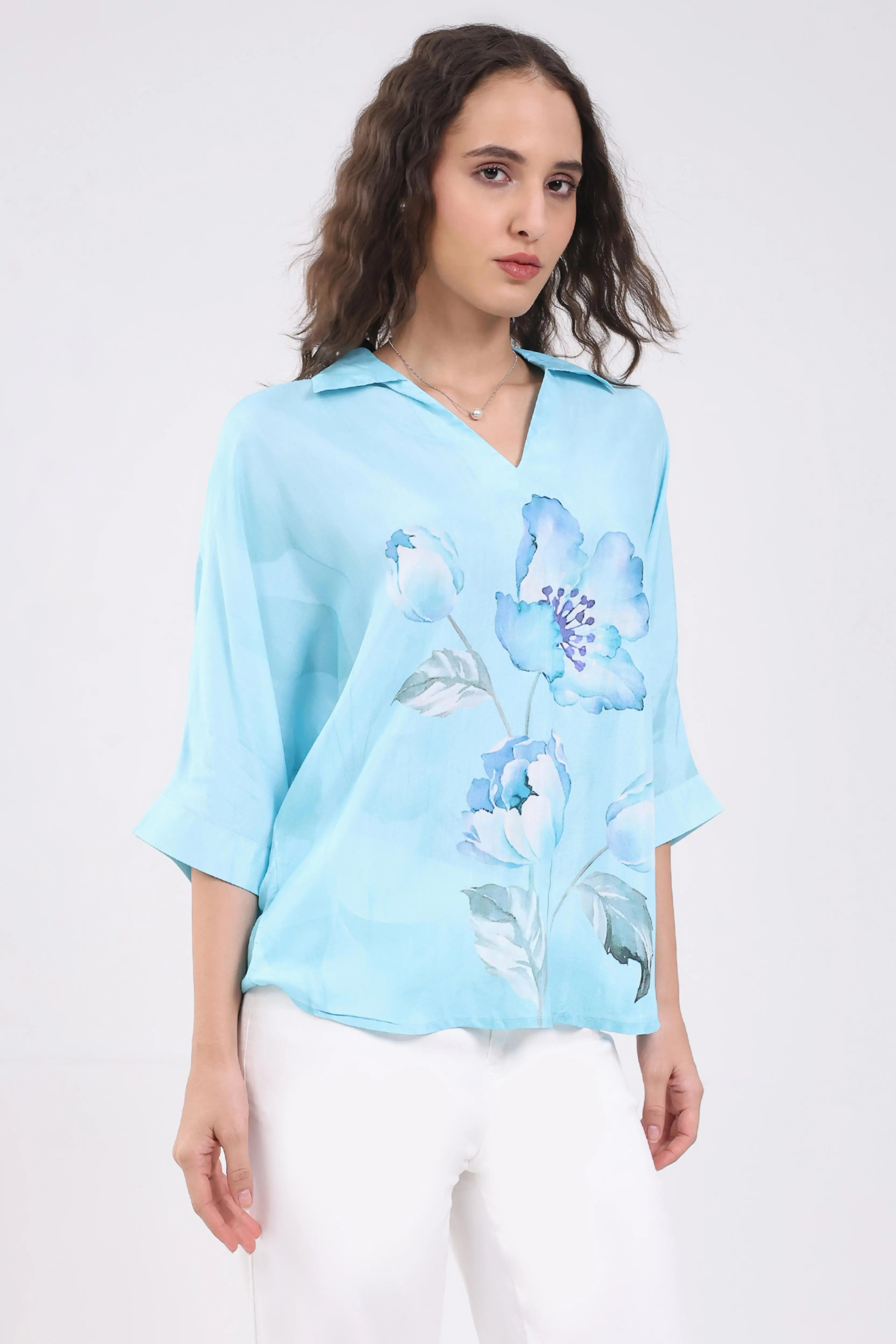 Blue Viscose Floral Loose Top - Image 3