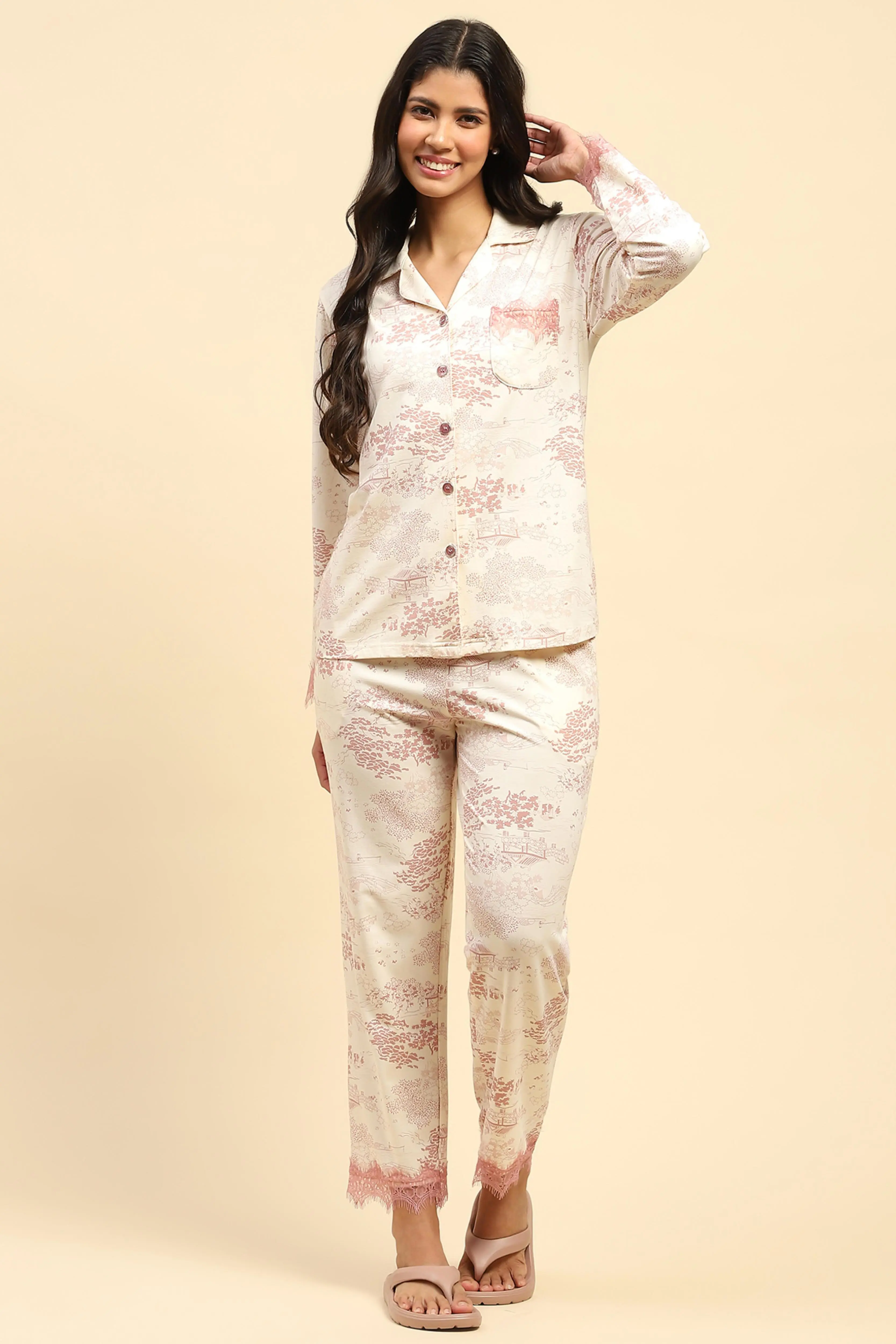 Pink Floral Cotton Blend Night Suit