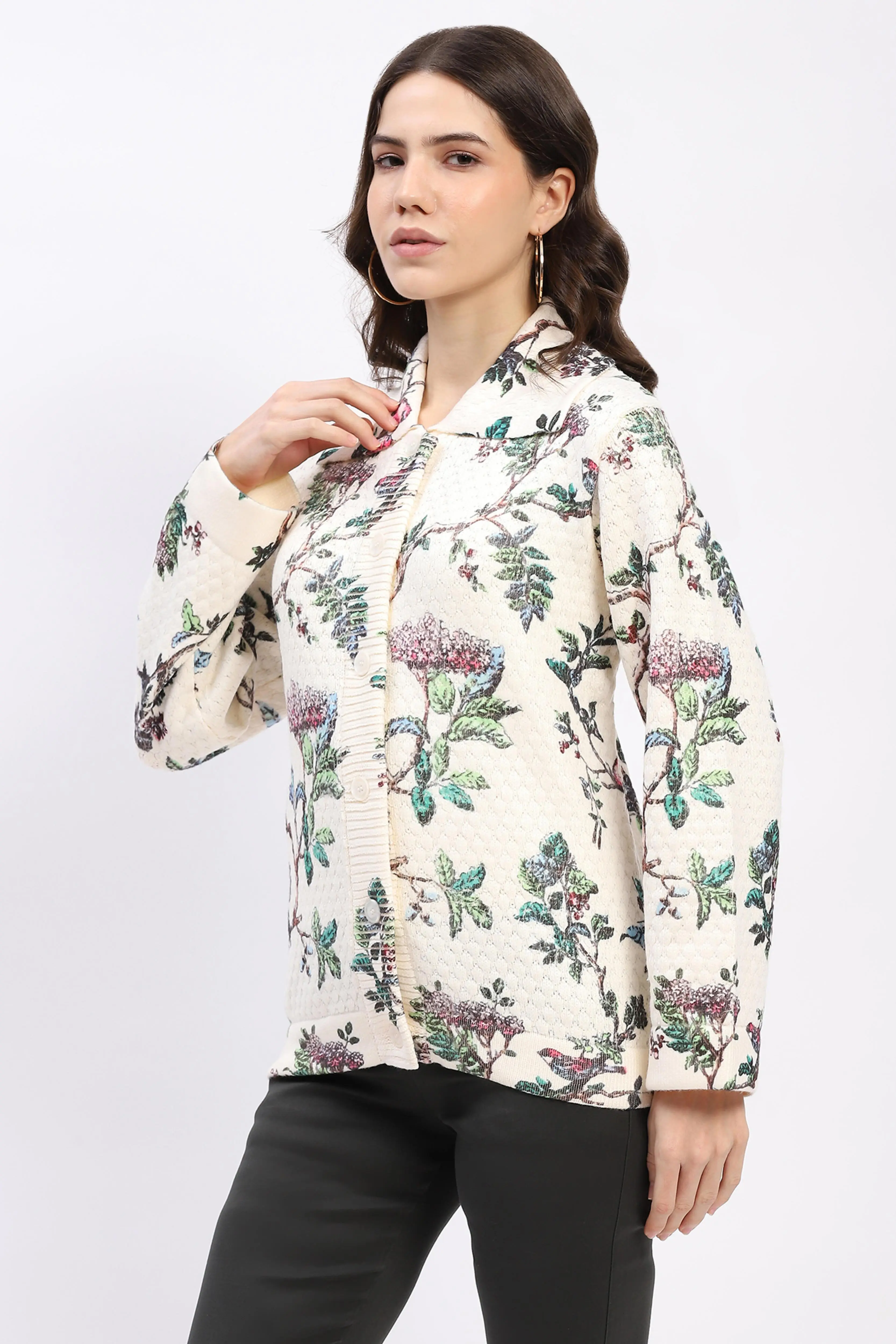 Botanical Print Loose-Fit Cardigan - Image 3