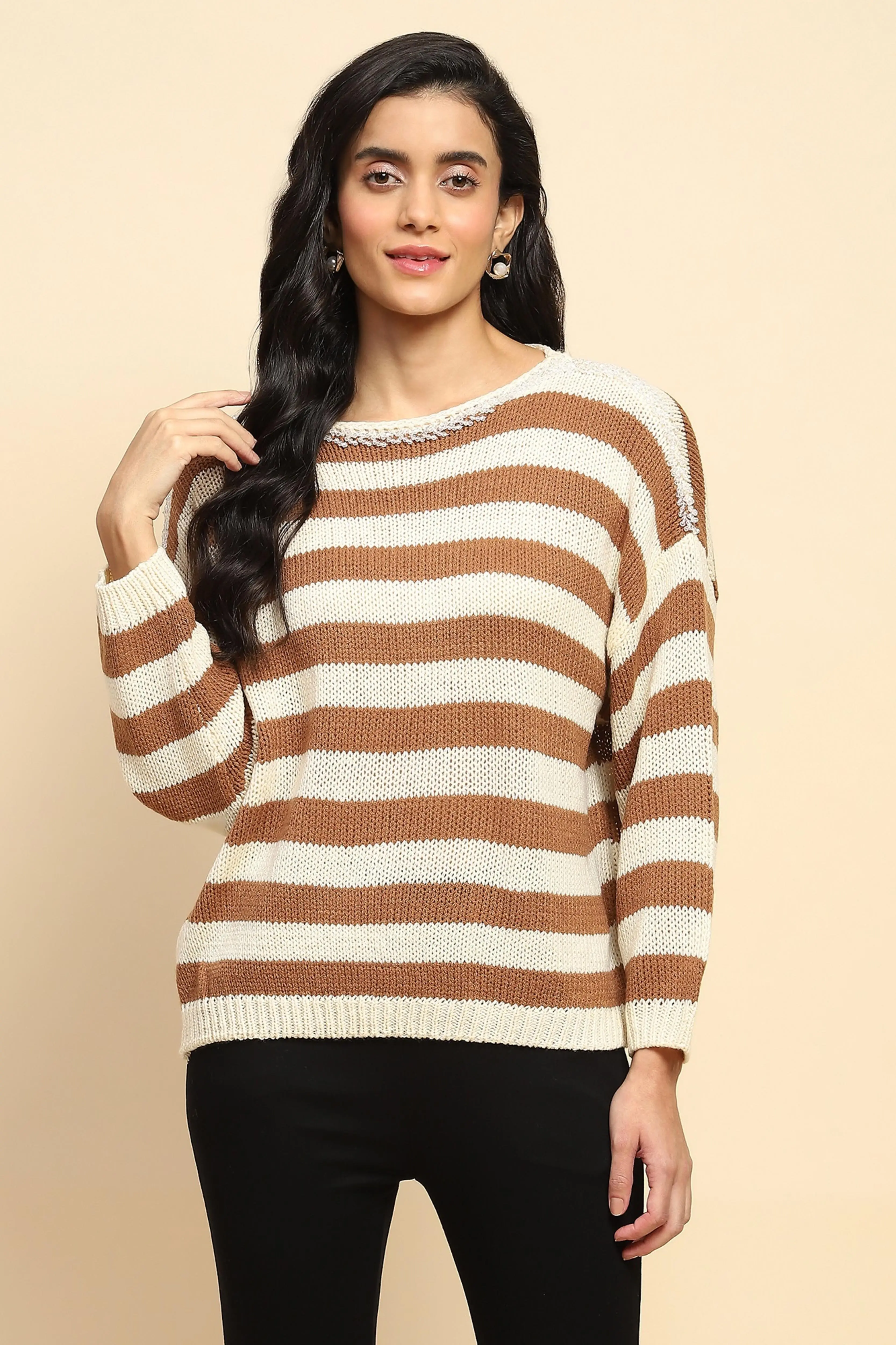Brown Acrylic Striped Relaxed Pullover