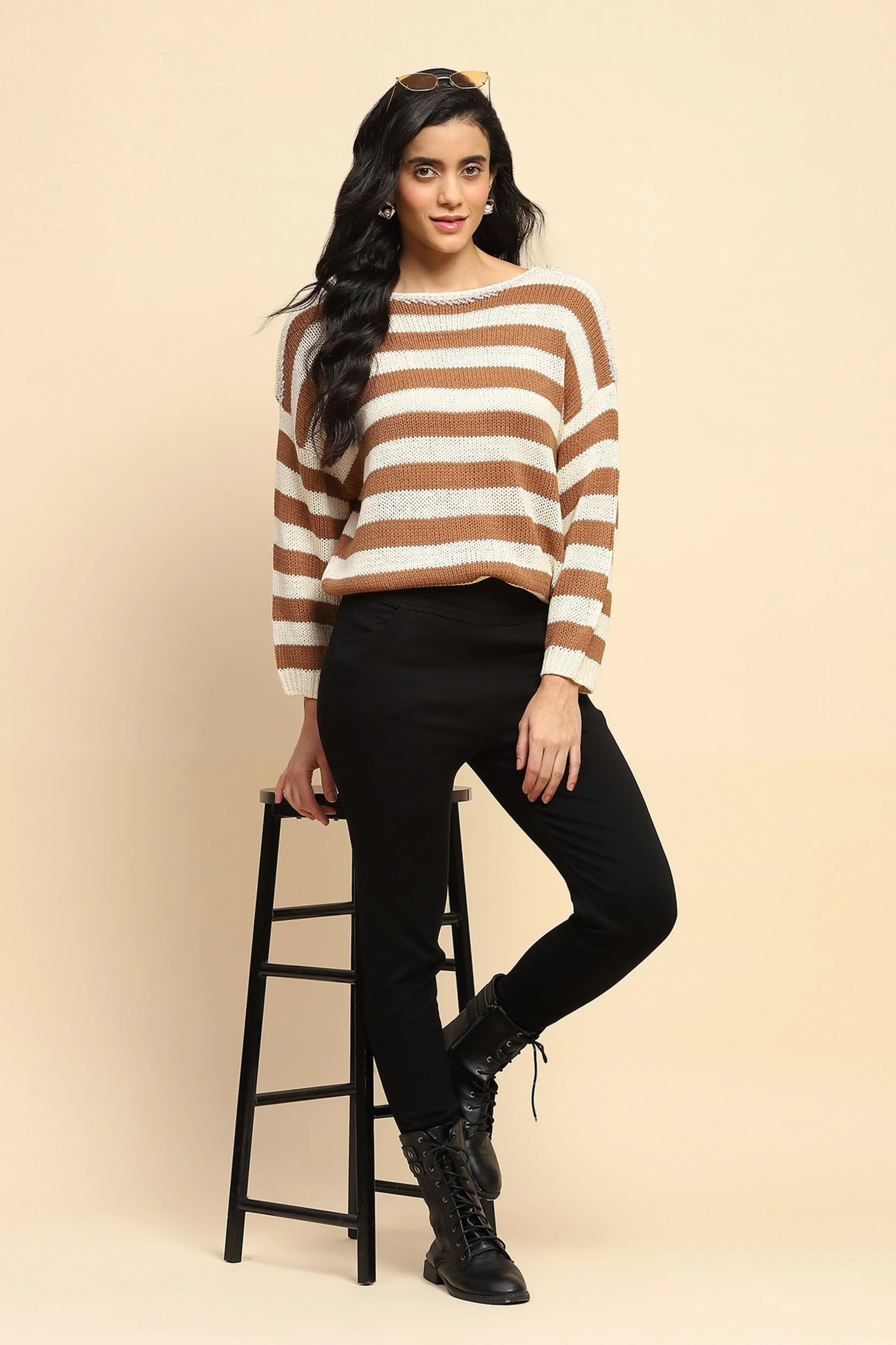 Brown Acrylic Striped Relaxed Pullover - Image 7