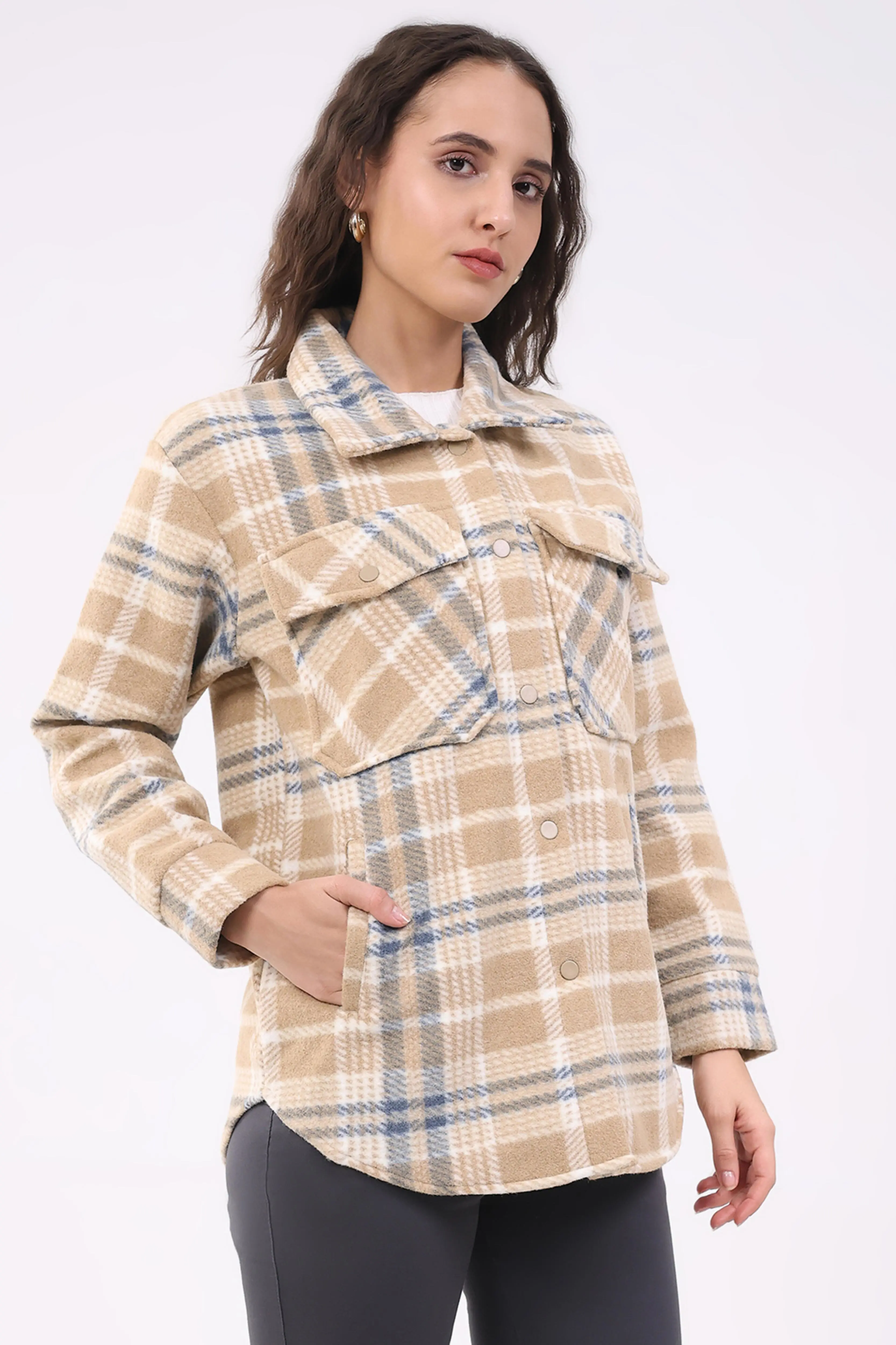Beige Checked Wool Blend Winter Shacket - Image 3