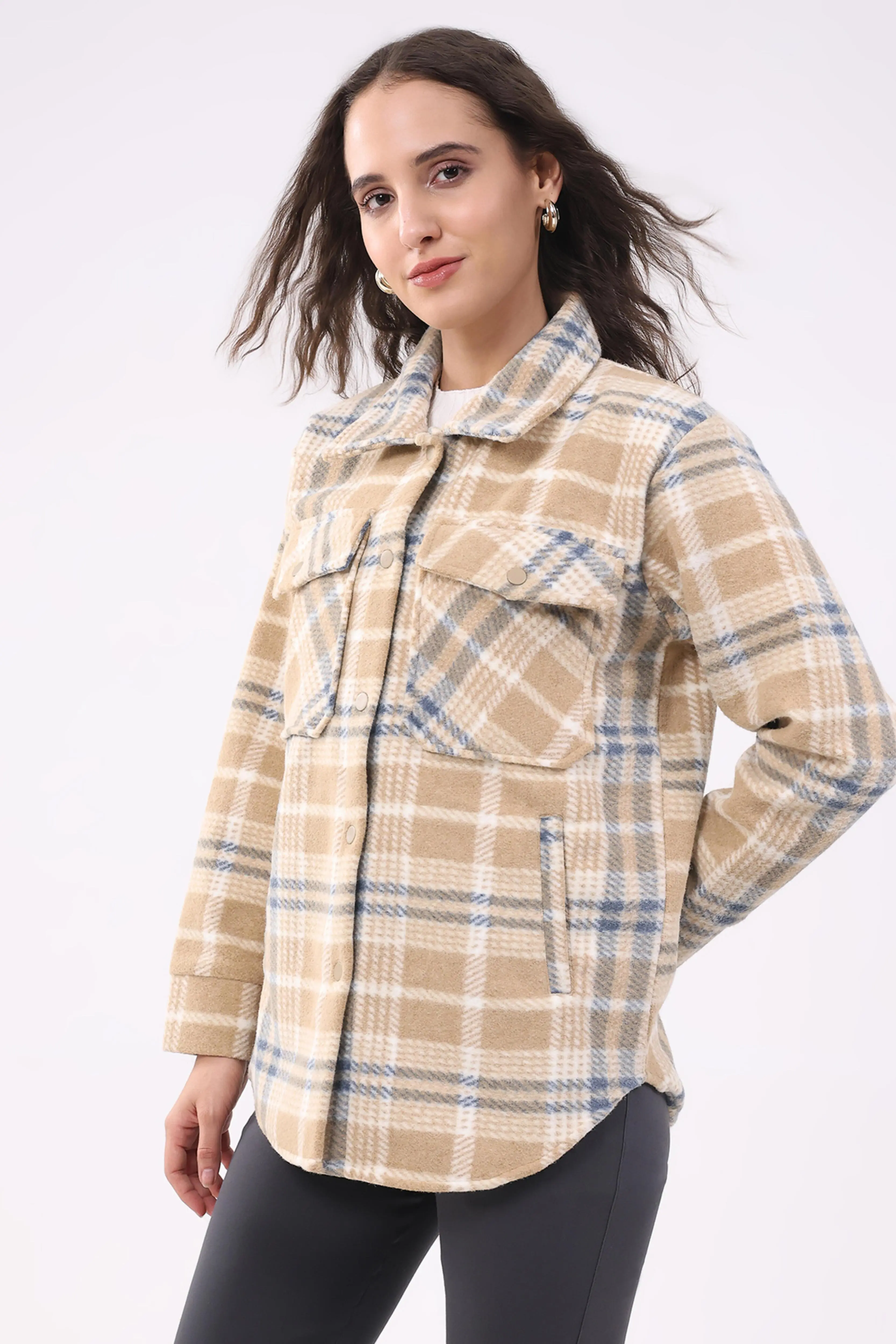 Beige Checked Wool Blend Winter Shacket - Image 4