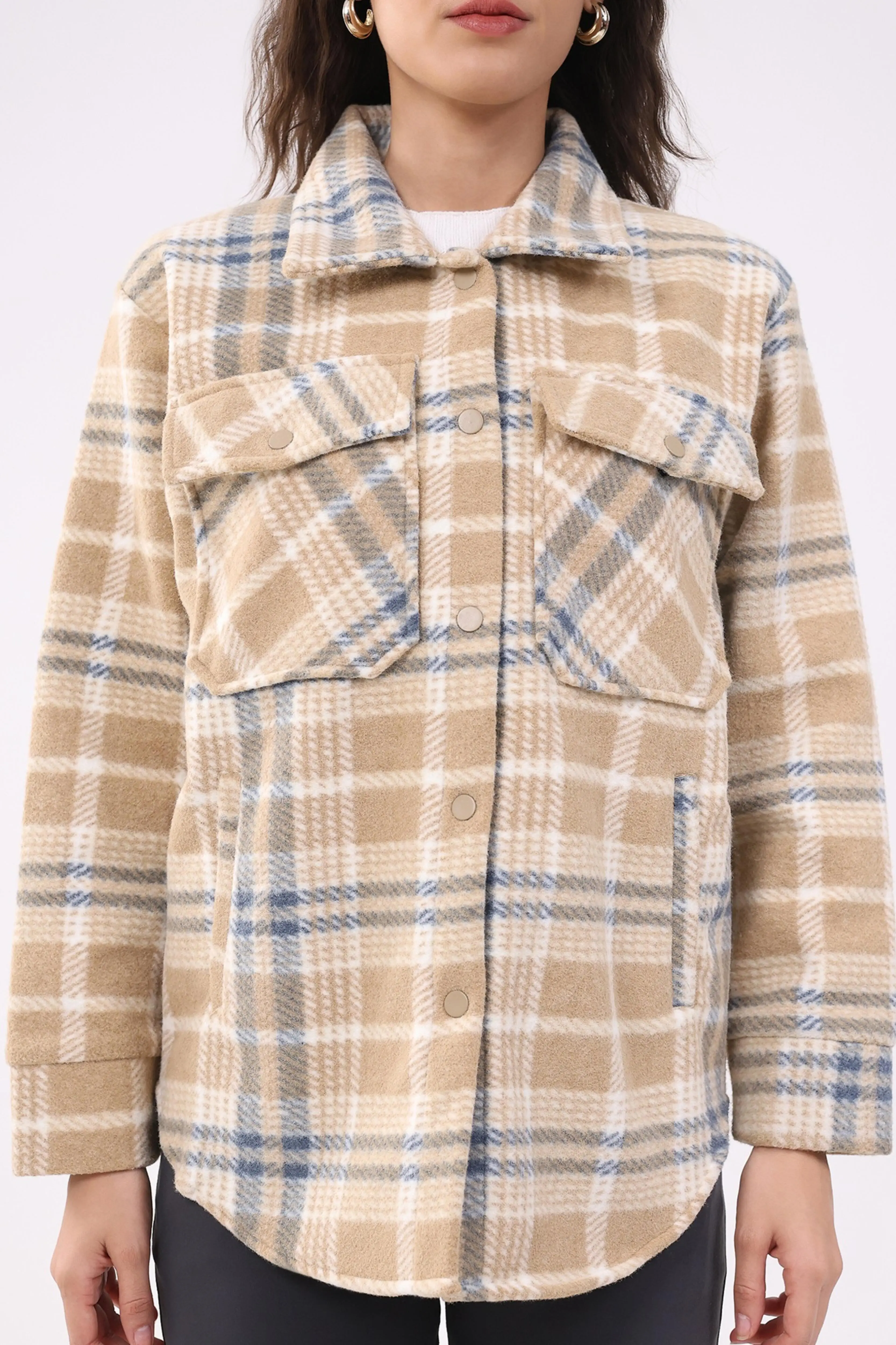 Beige Checked Wool Blend Winter Shacket - Image 6