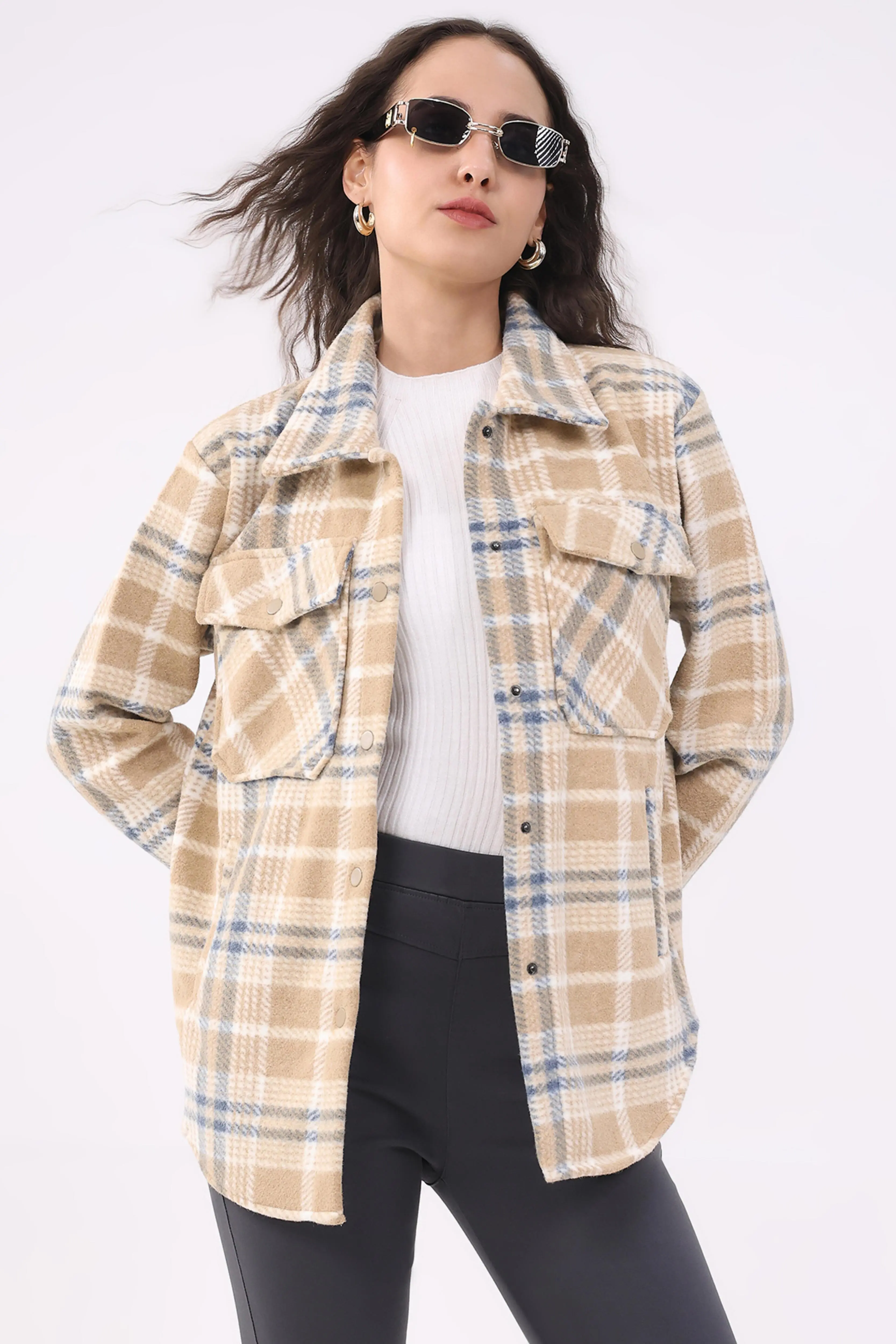 Beige Checked Wool Blend Winter Shacket - Image 7