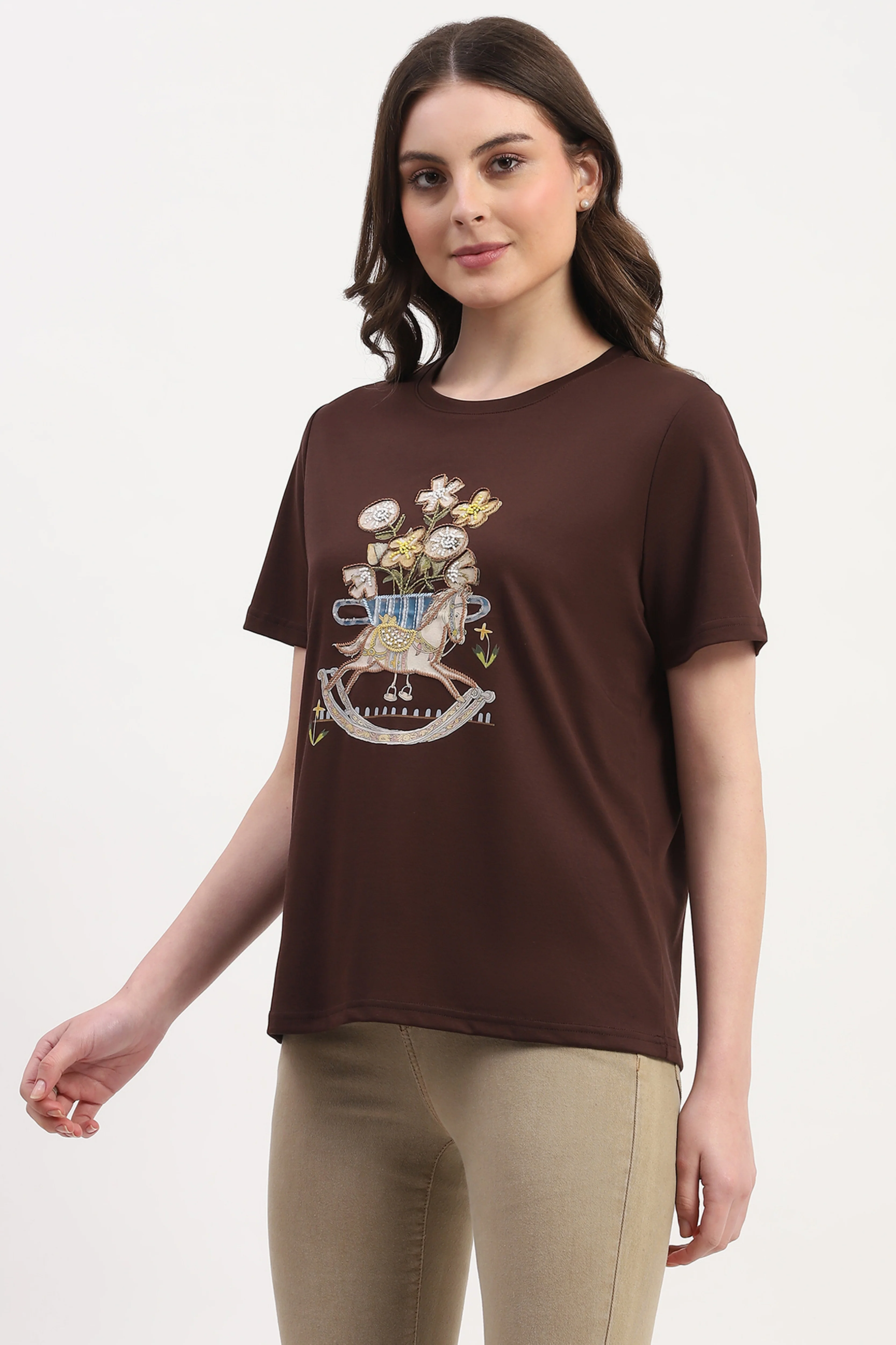 Brown Cotton Blend Print Embroidery  Embellishment Top - Image 3