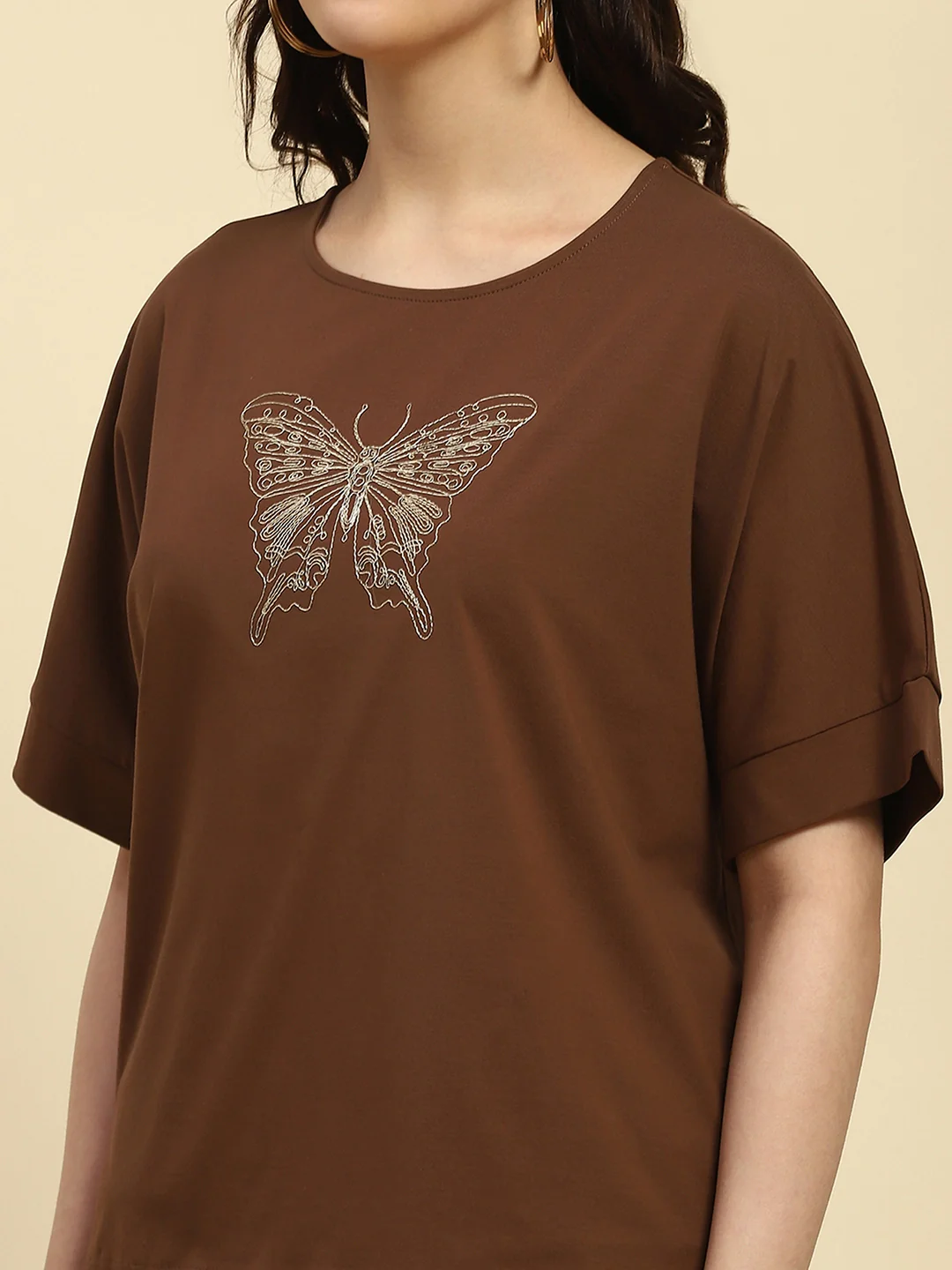 Brown Embroidered Cotton Boxy Top - Image 11