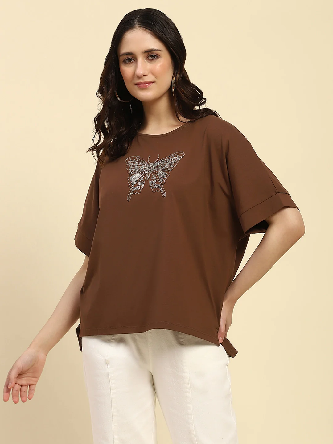 Brown Embroidered Cotton Boxy Top - Image 14