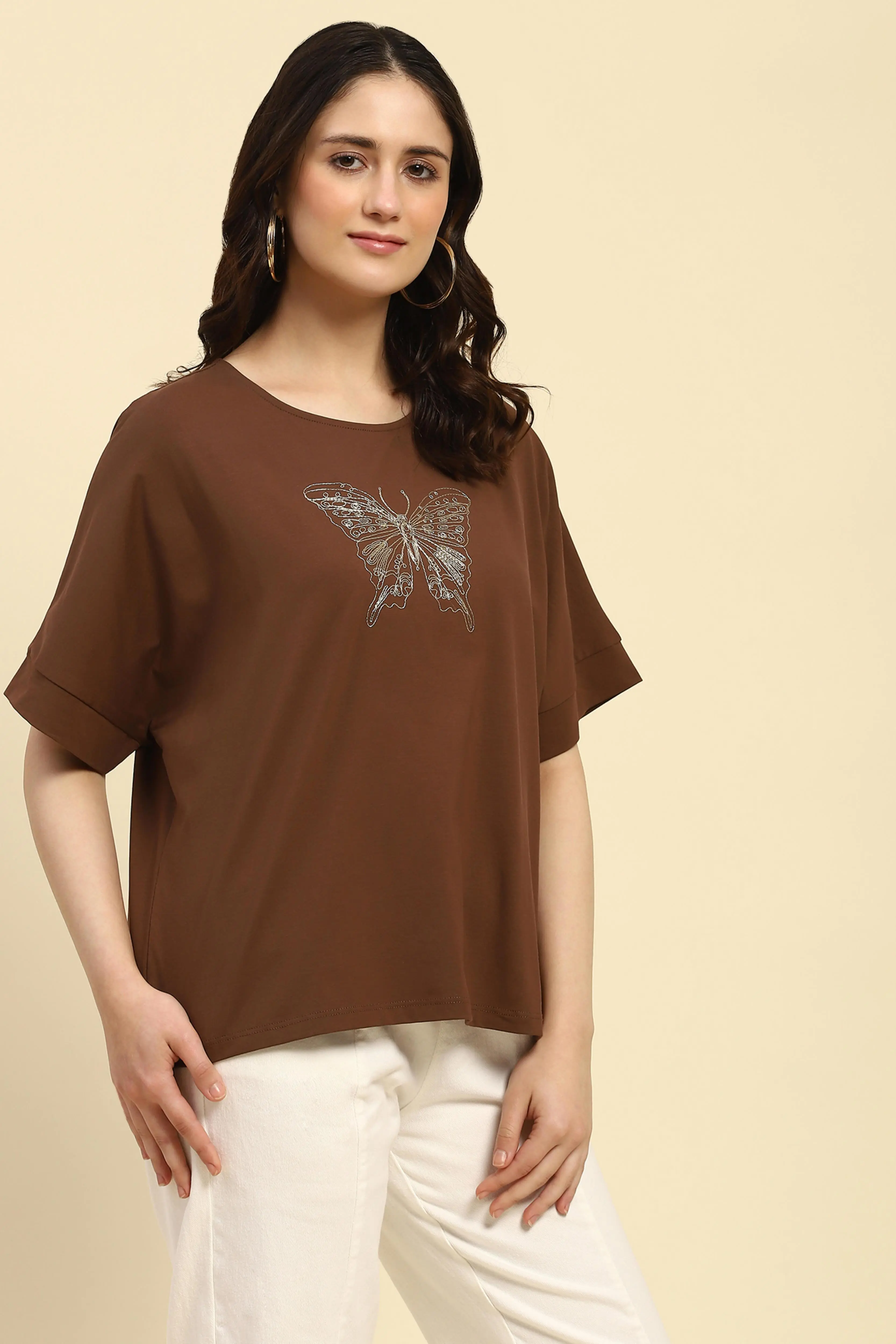 Brown Embroidered Cotton Boxy Top - Image 3
