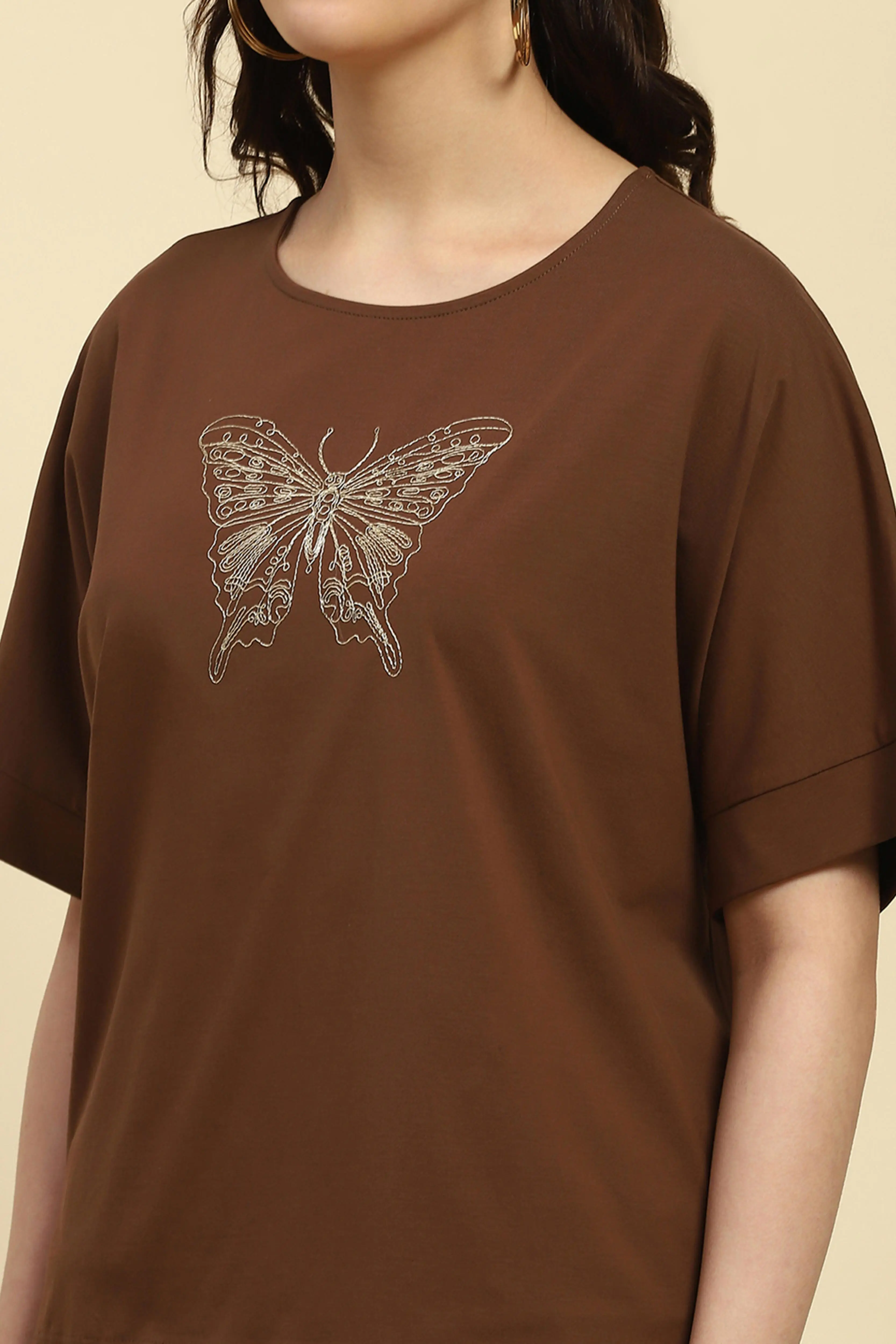 Brown Embroidered Cotton Boxy Top - Image 5