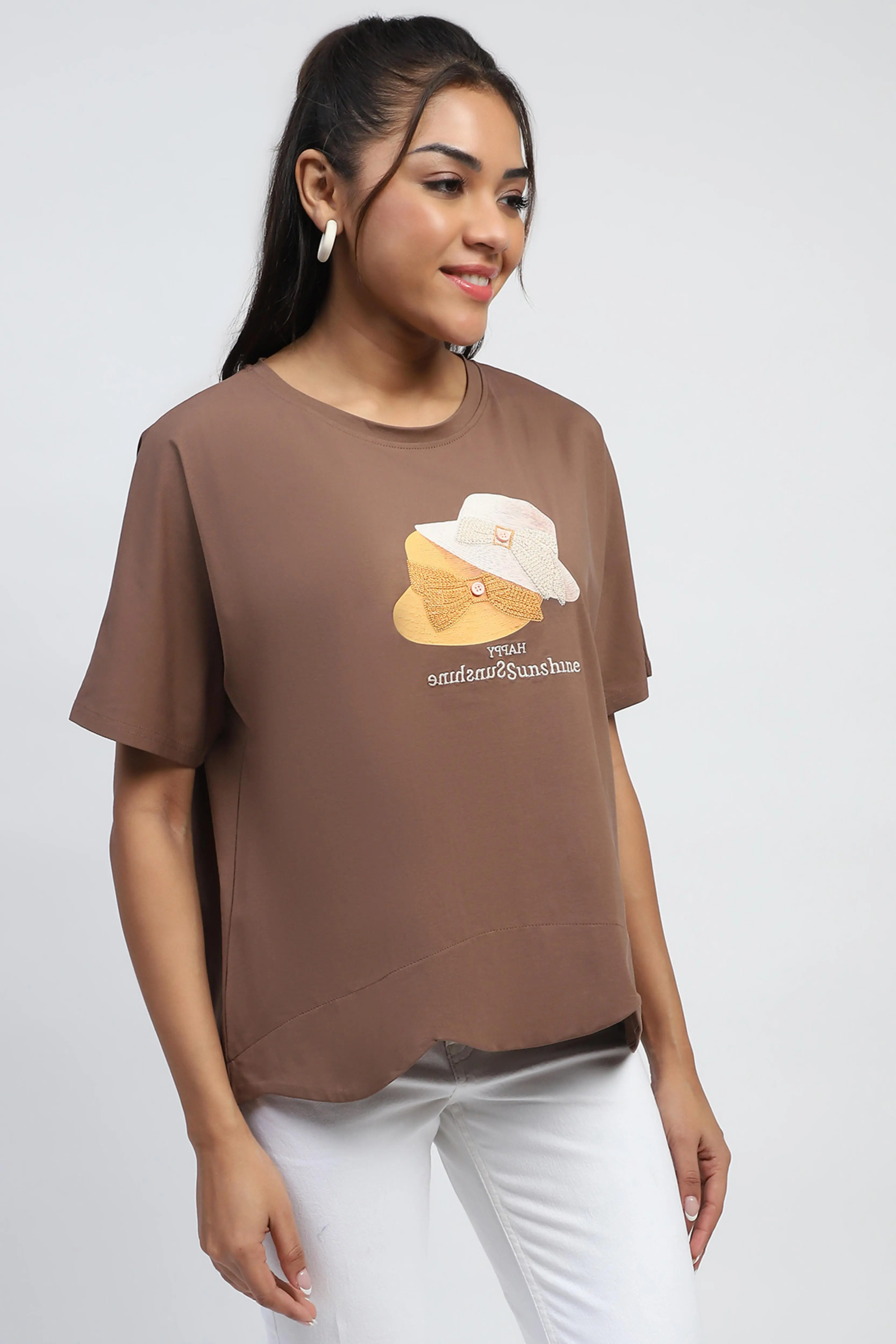 Brown Cotton Embroidered Boxy Top - Image 3