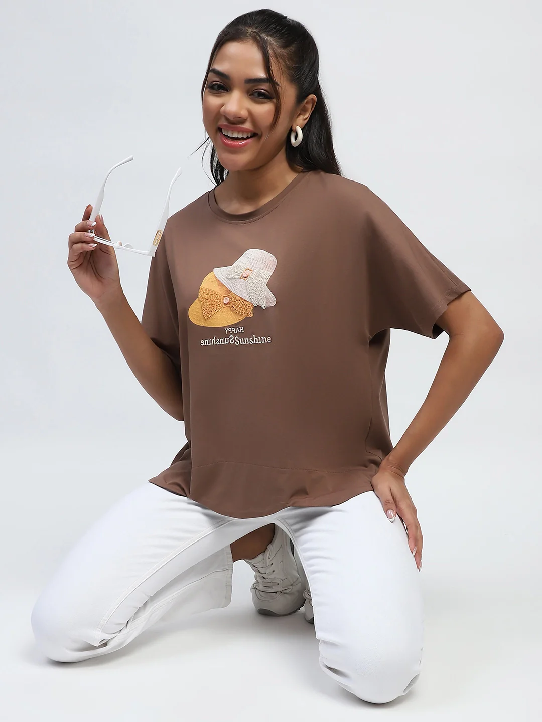Brown Cotton Embroidered Boxy Top - Image 7