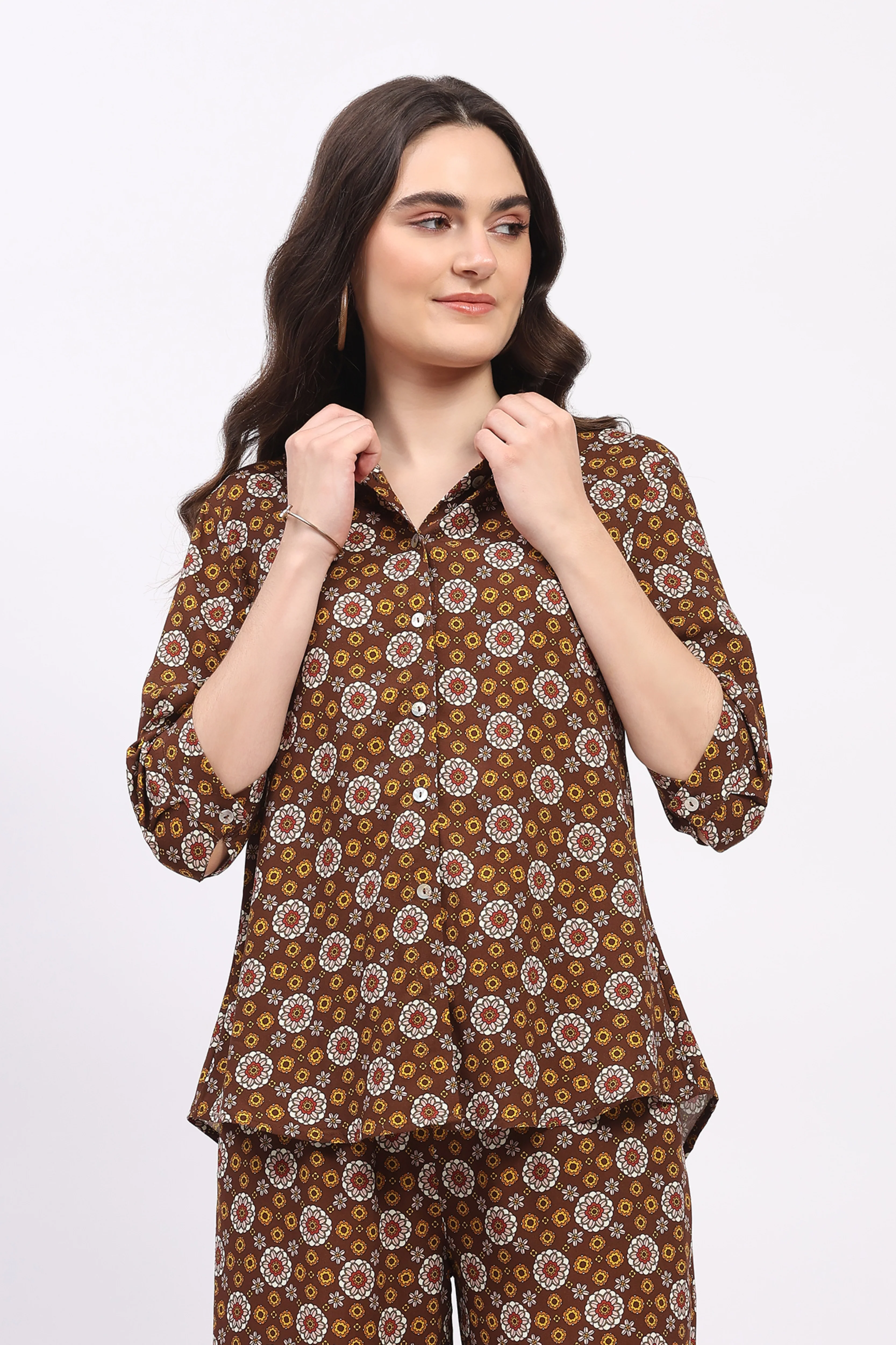 Brown Floral Print Cotton Shirt