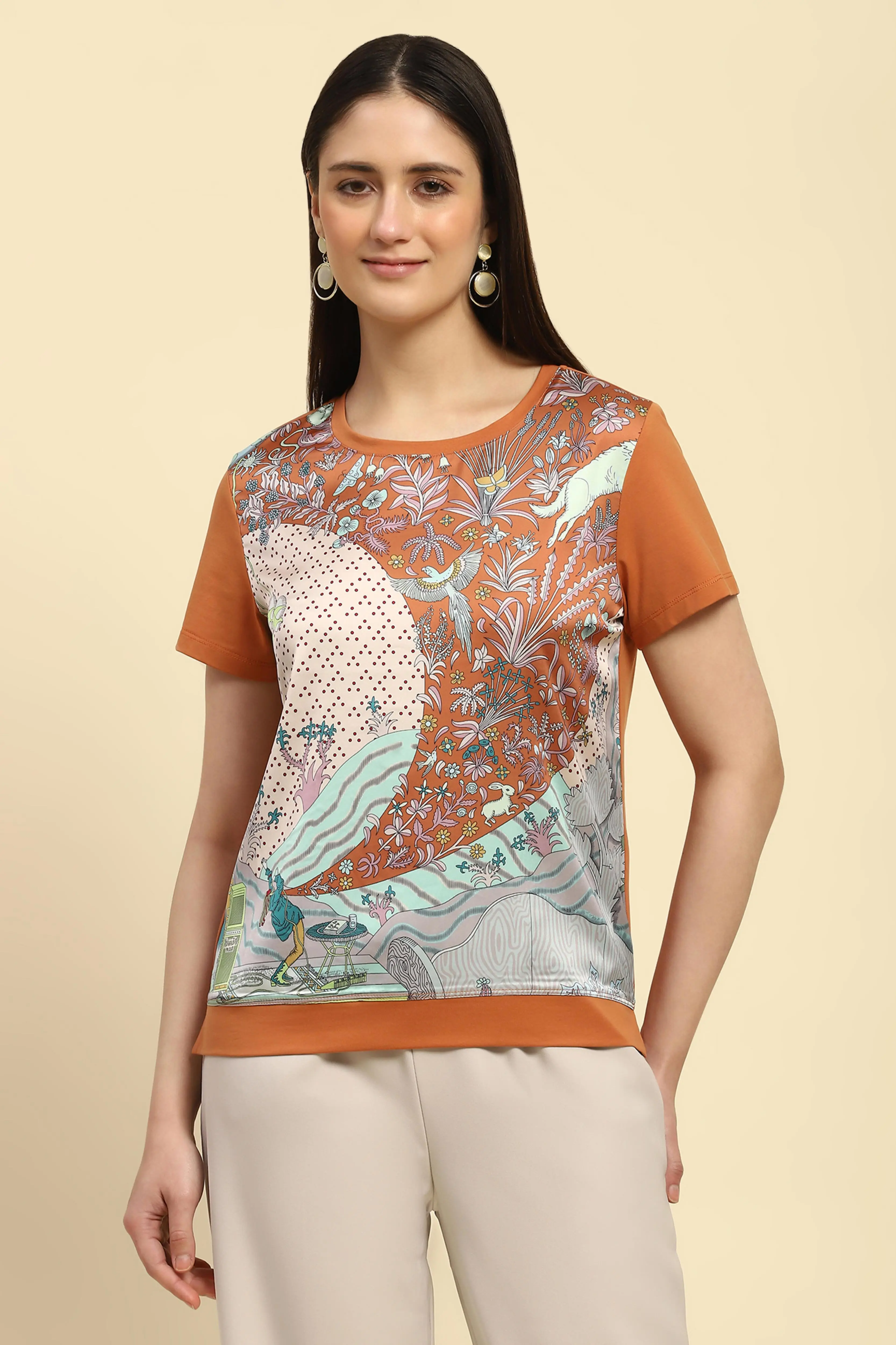 Brown Graphic Cotton Top