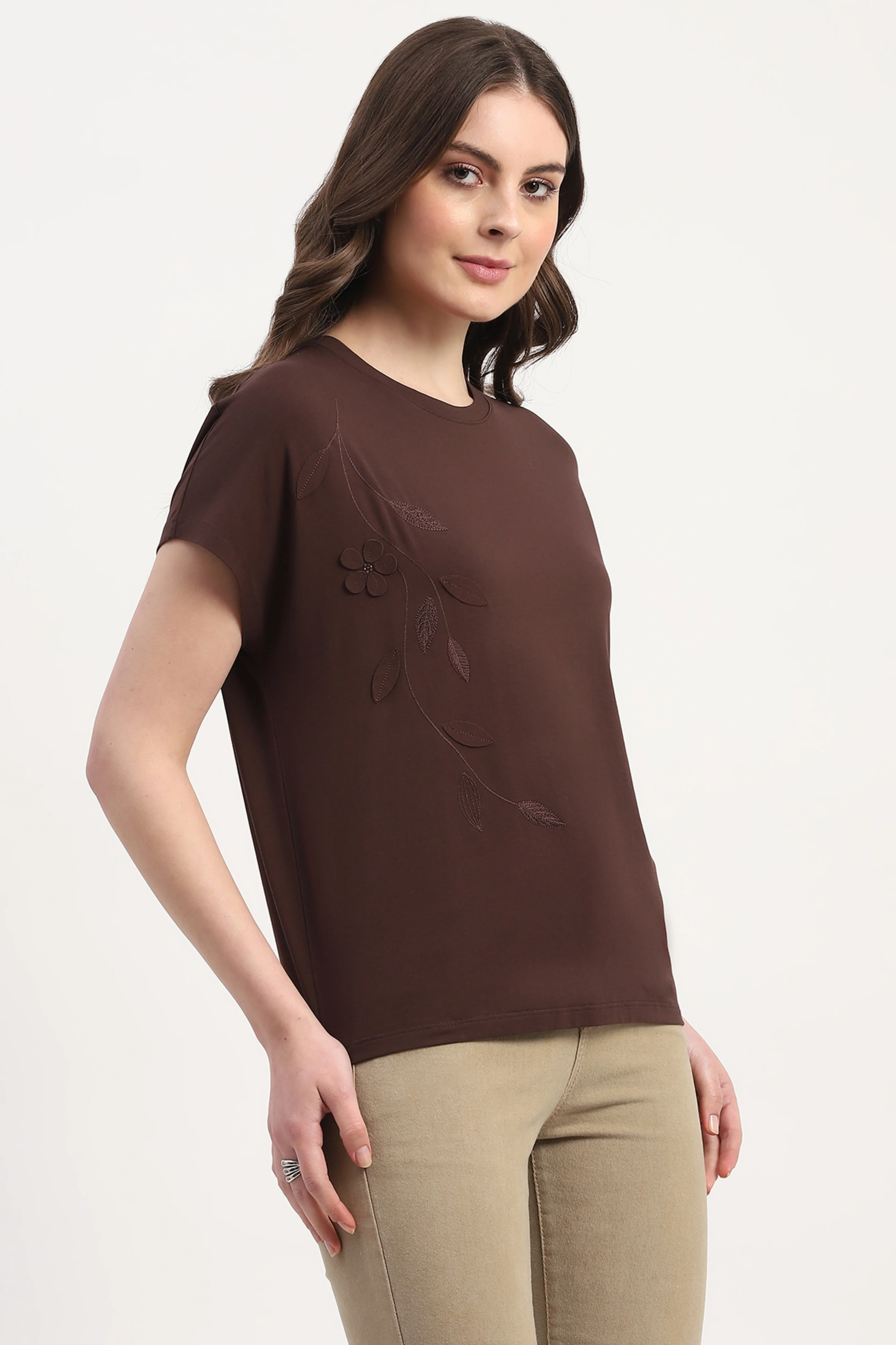 Brown Modal Blend Applique & Embroidery Top - Image 3