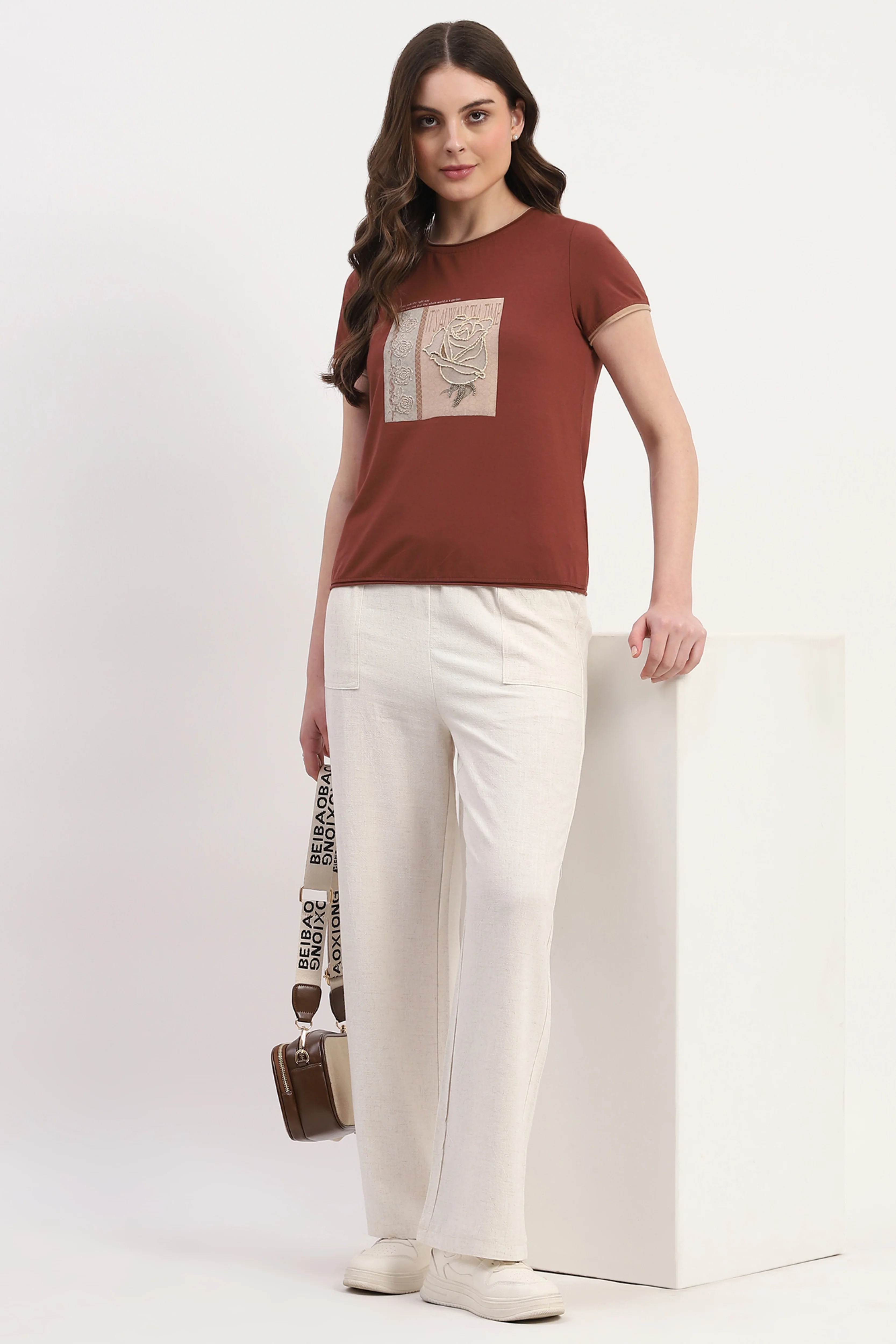 Brown Modal Spandex Printed & Embroidered Top