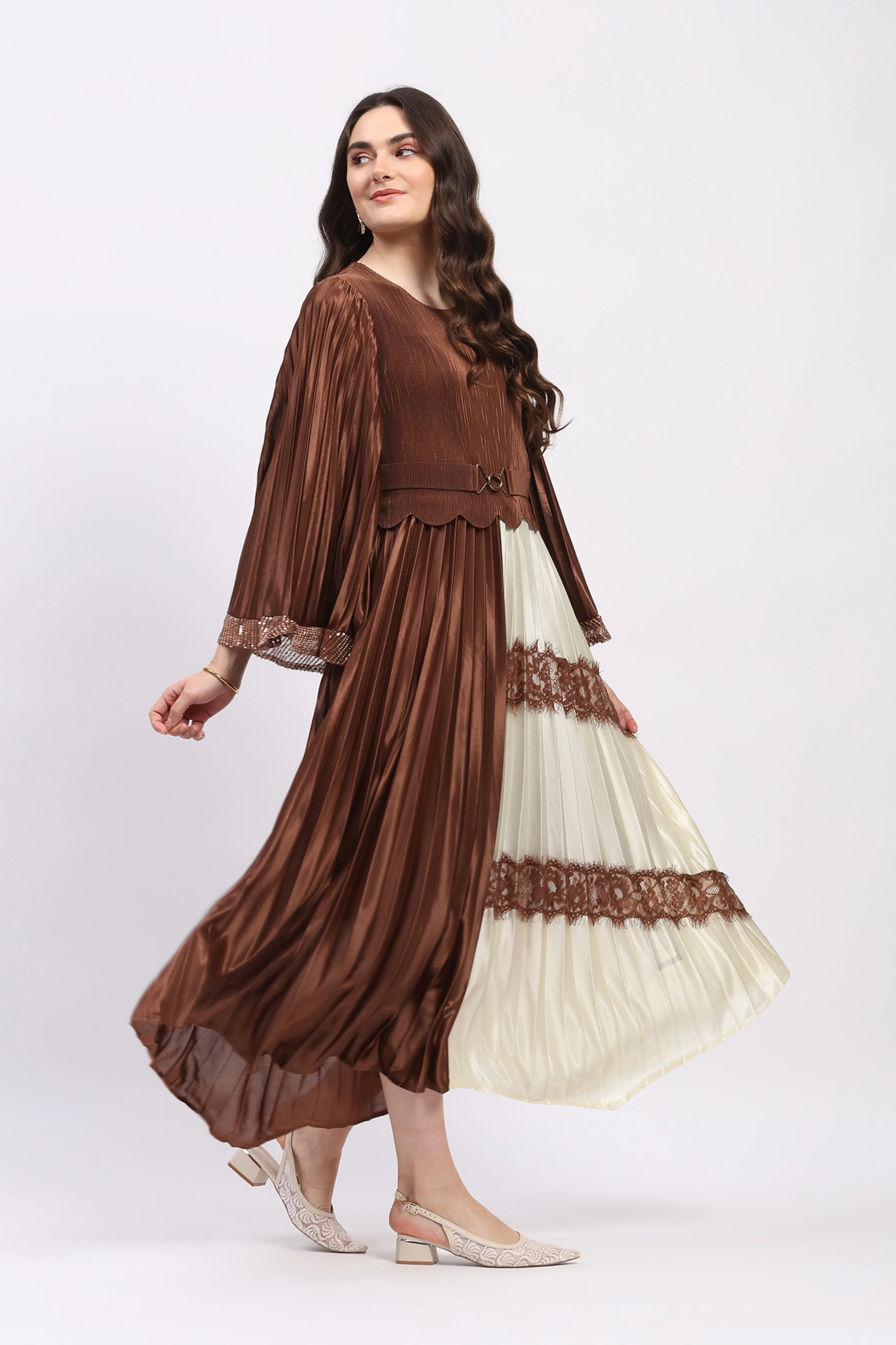 Brown Pleated Fit & Flare Maxi Dress - Image 3