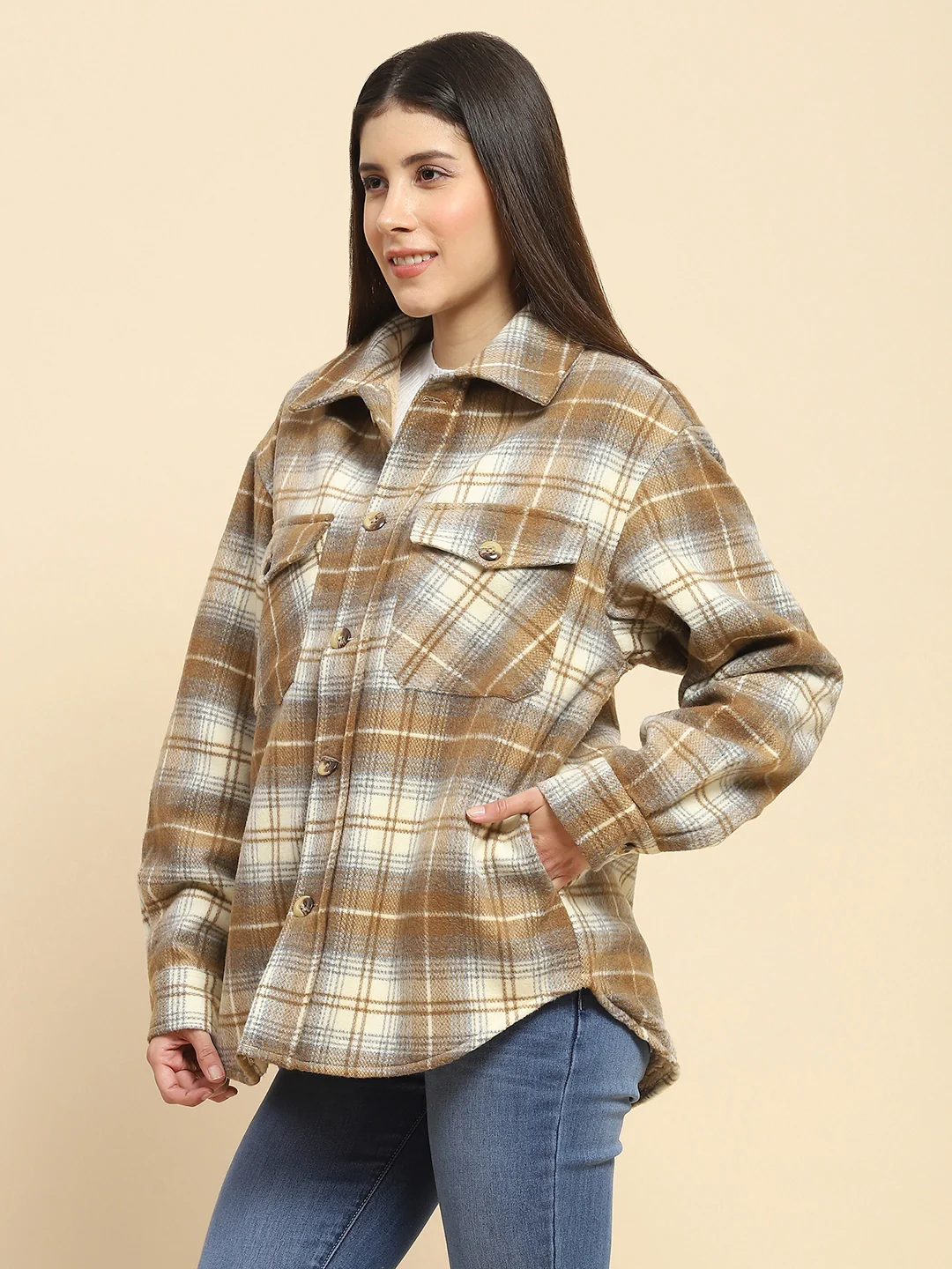 Brown Checks Oversized Winter Shacket - Image 8
