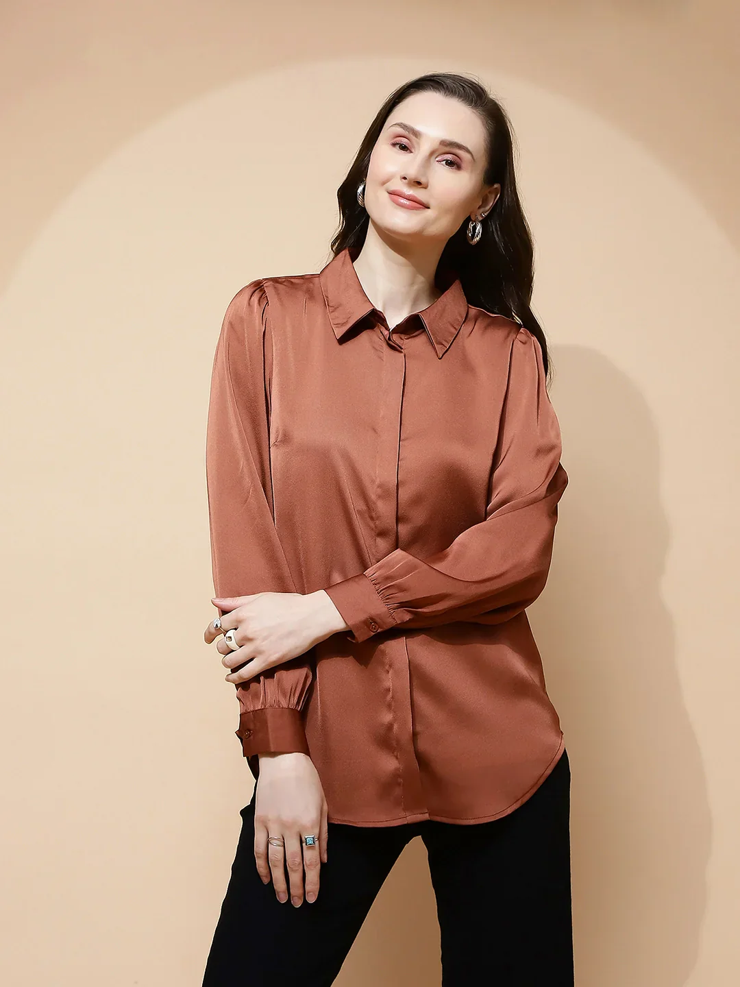 Brown Poly Satin Solid Shirt - Image 9
