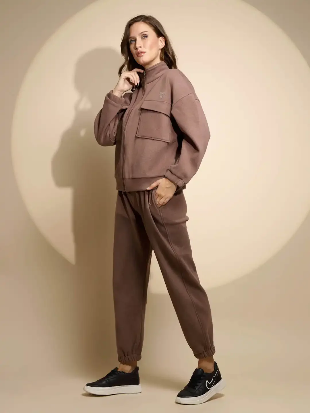Women's Solid Turtle Neck Brown Co-ord Set - Image 5