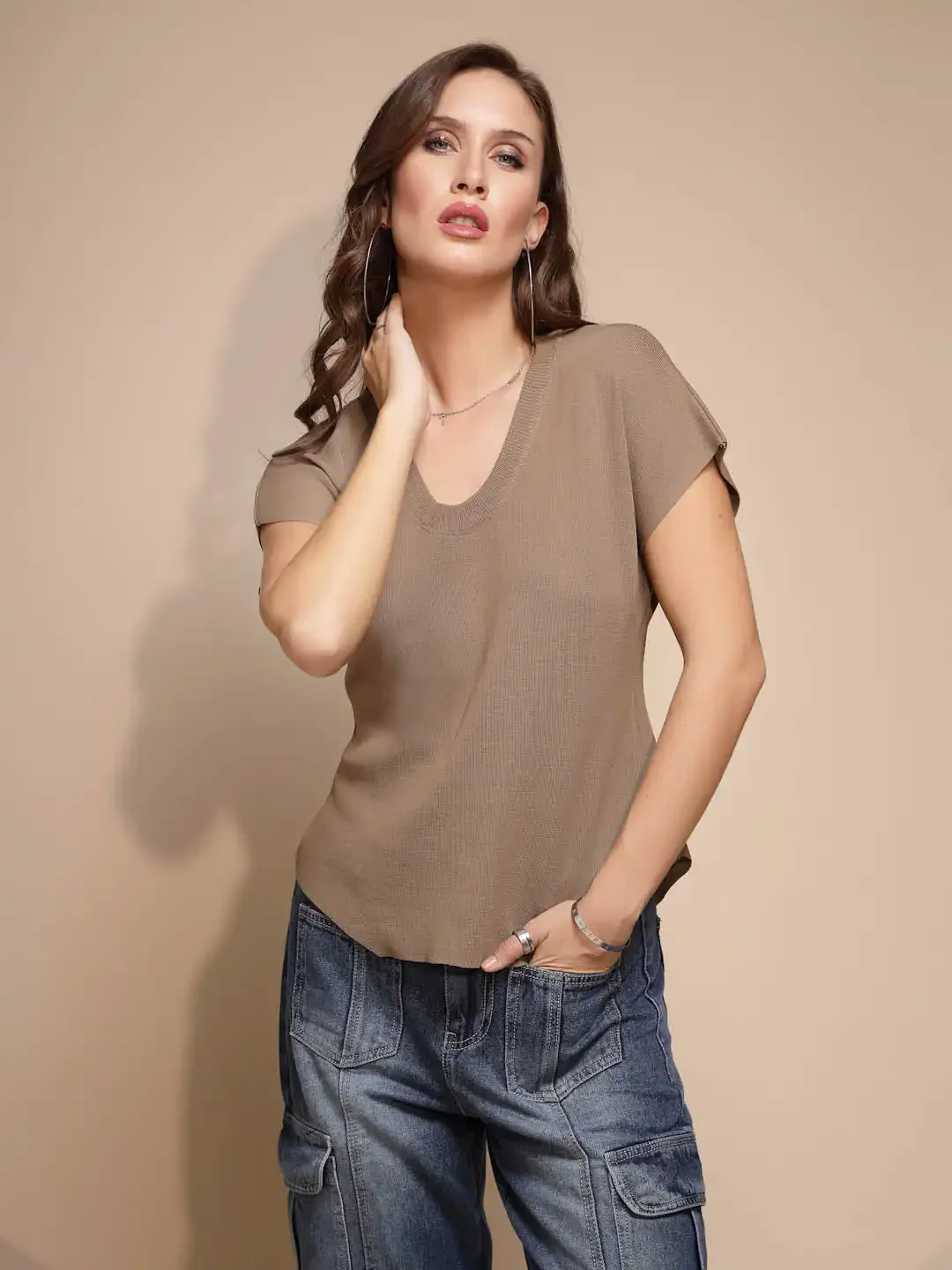 Solid Half Sleeve U-Neck Top - Image 2