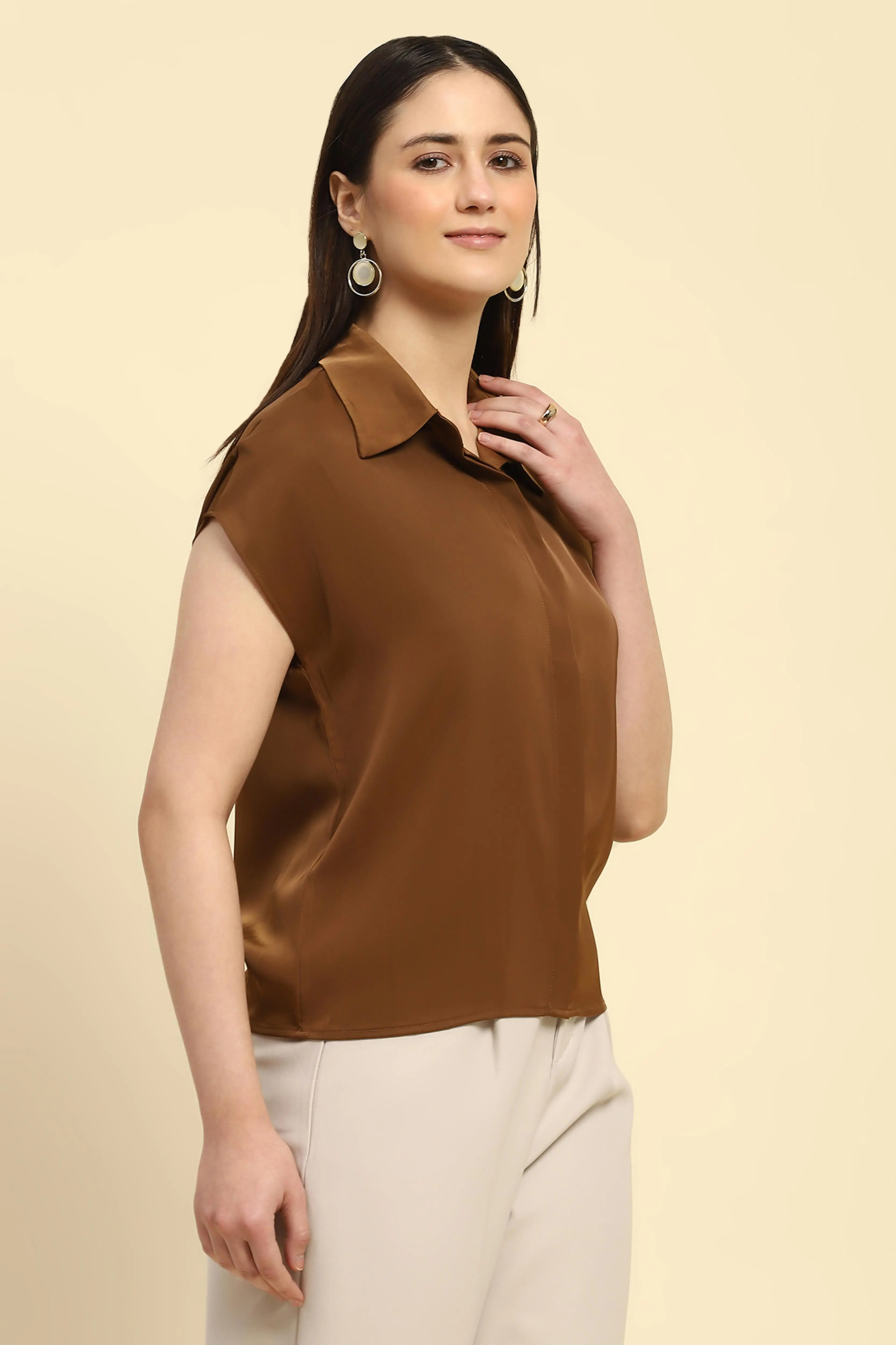 Brown Solid Satin Shirt - Image 4