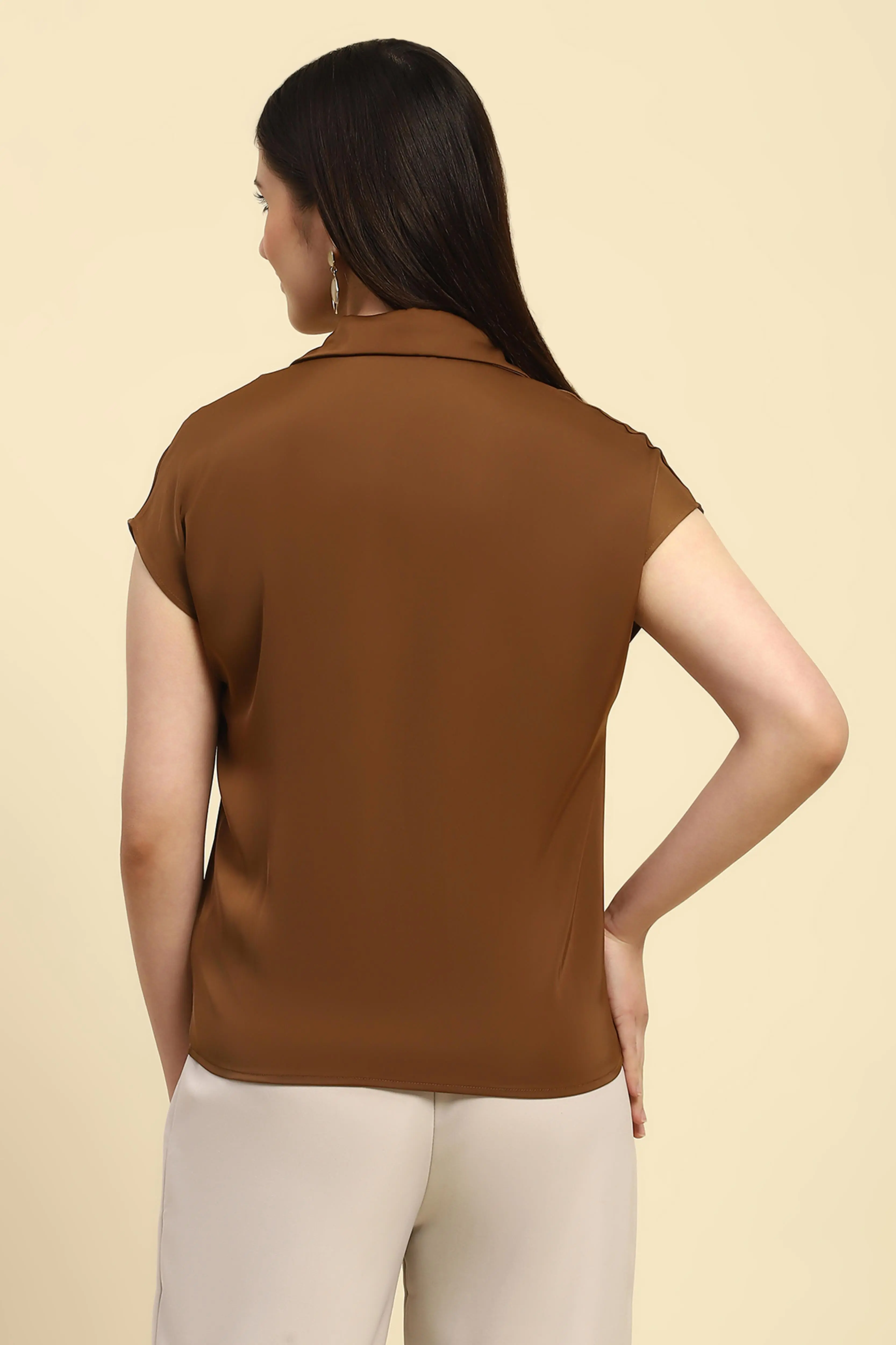 Brown Solid Satin Shirt - Image 5