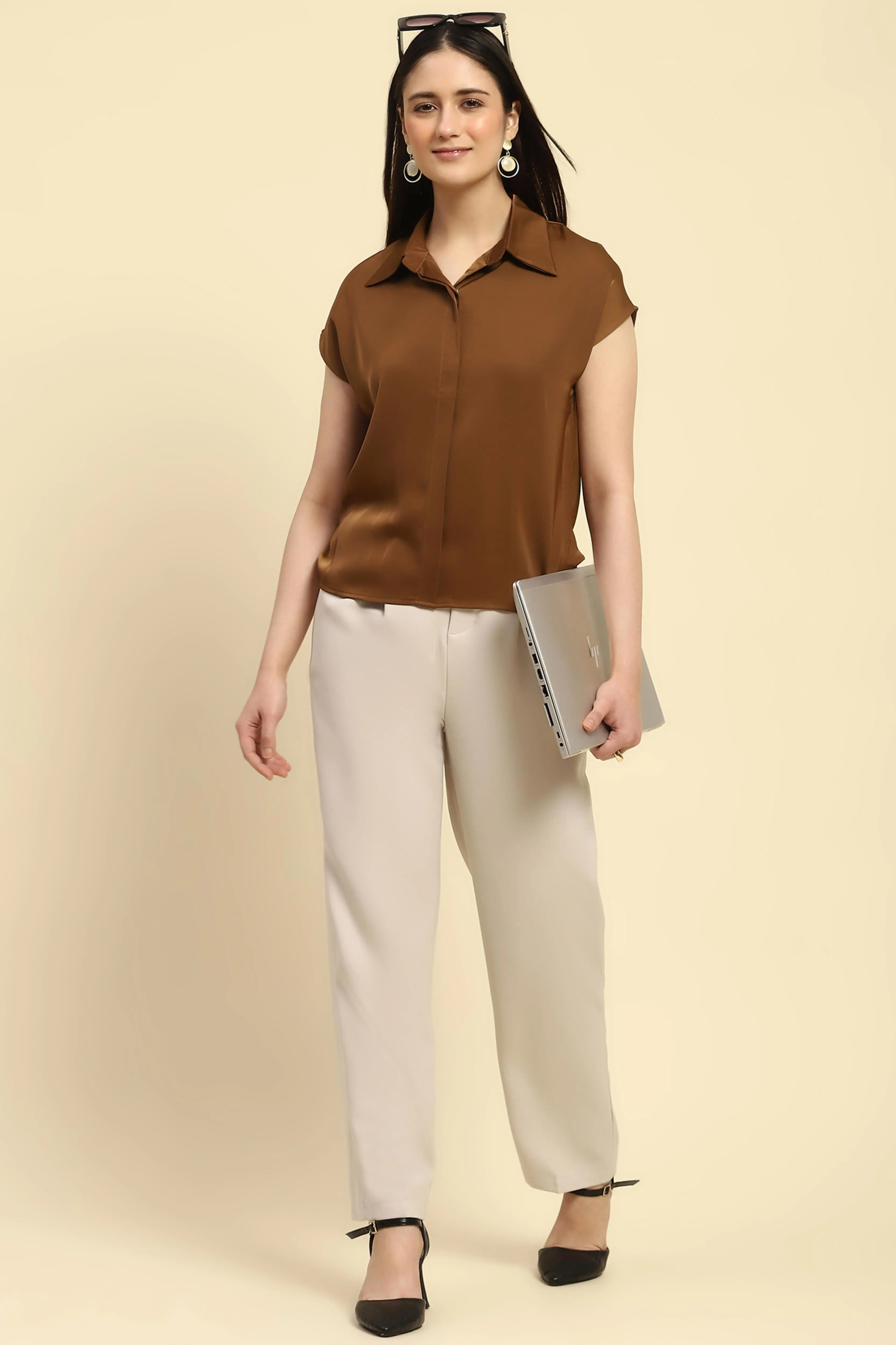 Brown Solid Satin Shirt - Image 7