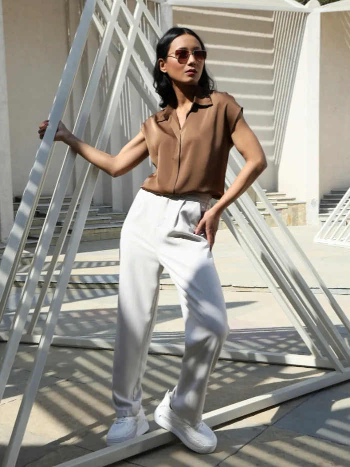 Brown Solid Satin Shirt - Image 9
