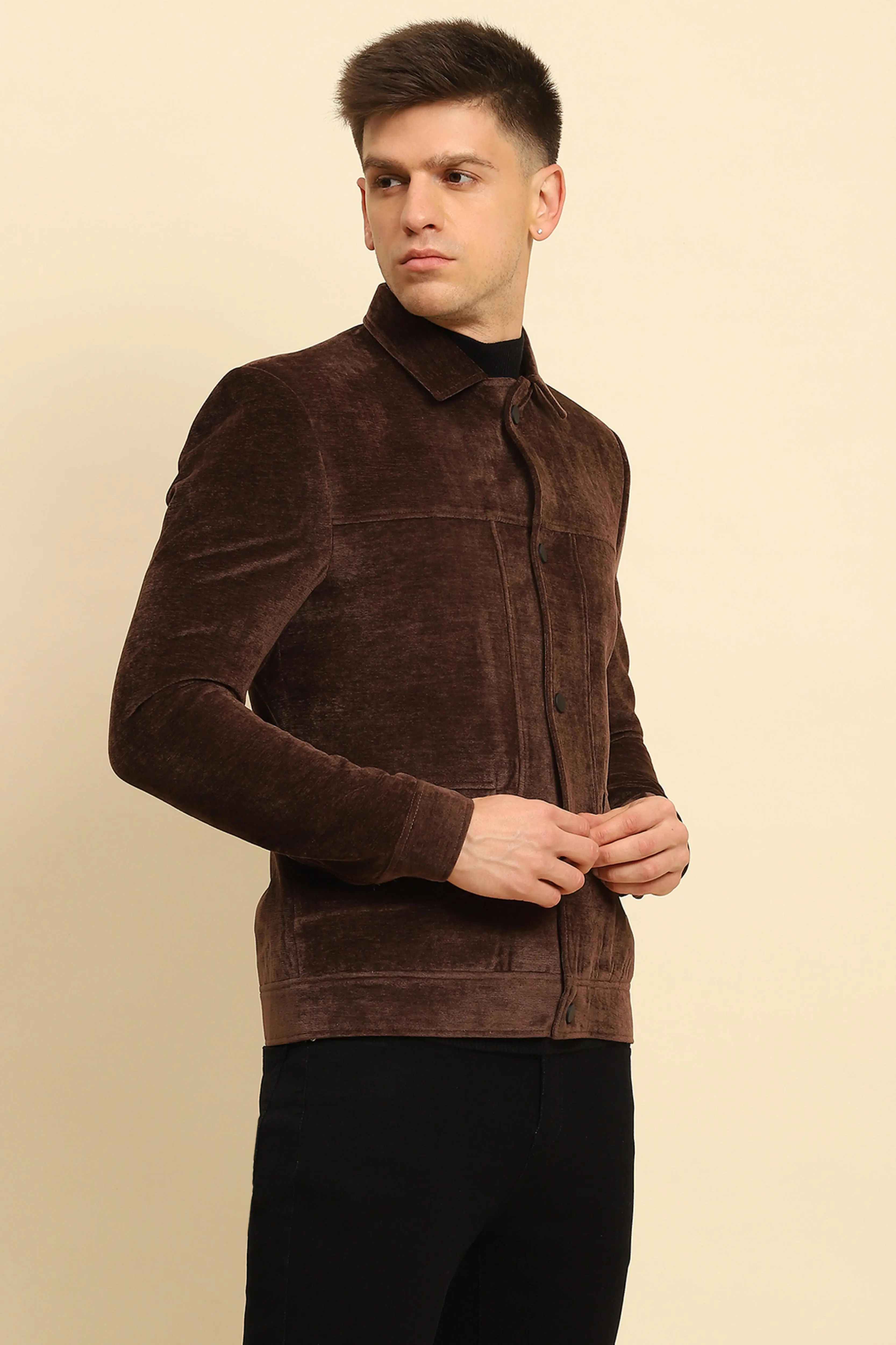 Brown Velvet Solid Jacket - Image 3
