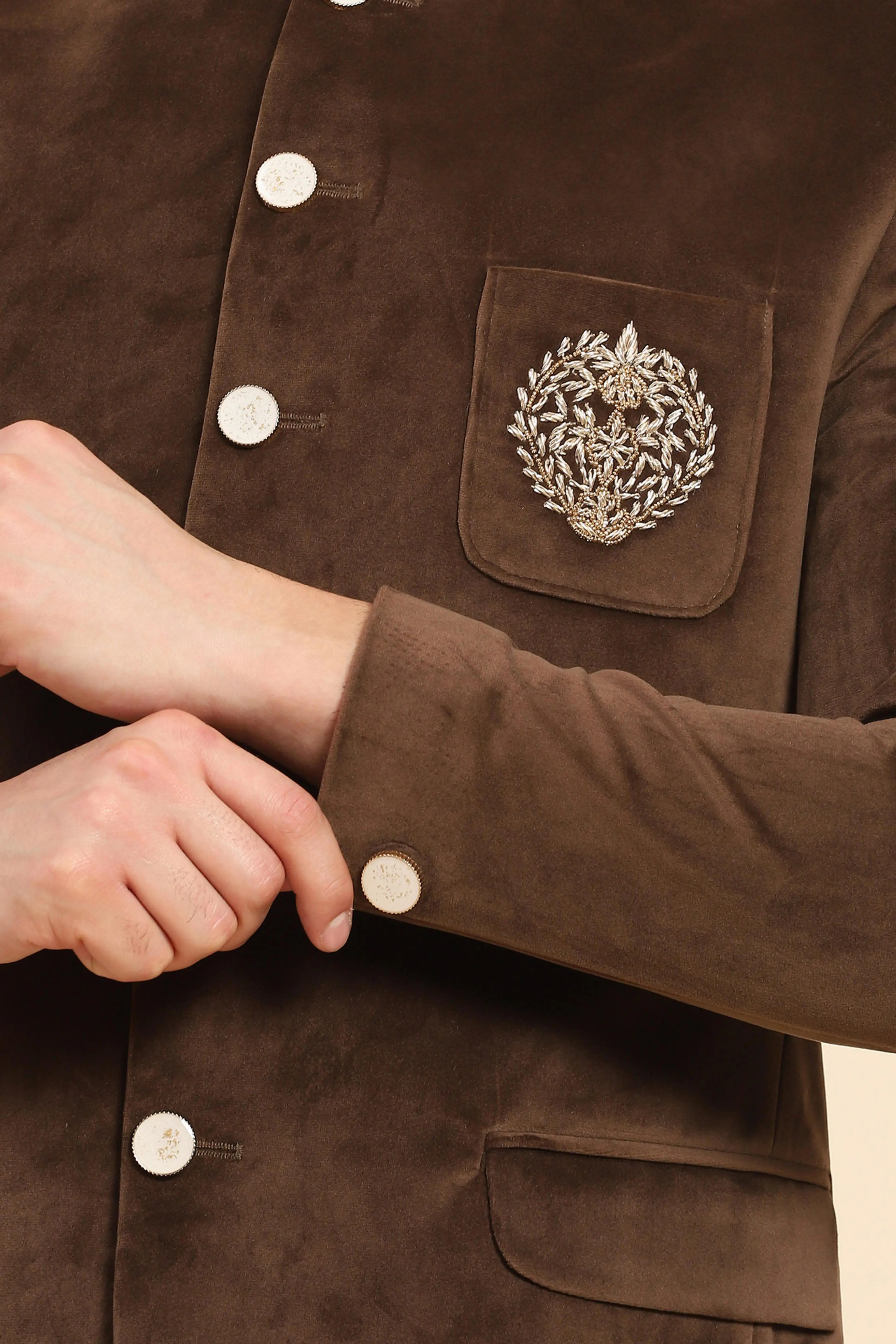 Brown Velvet Embroidered Winter Coat - Image 8
