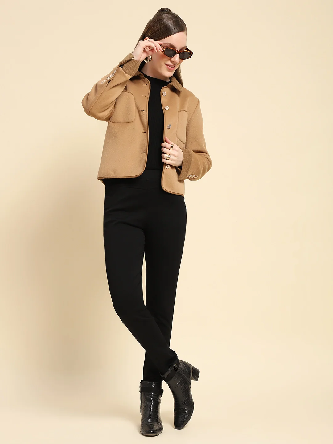 Camel Solid Viscose Winter Coat - Image 13