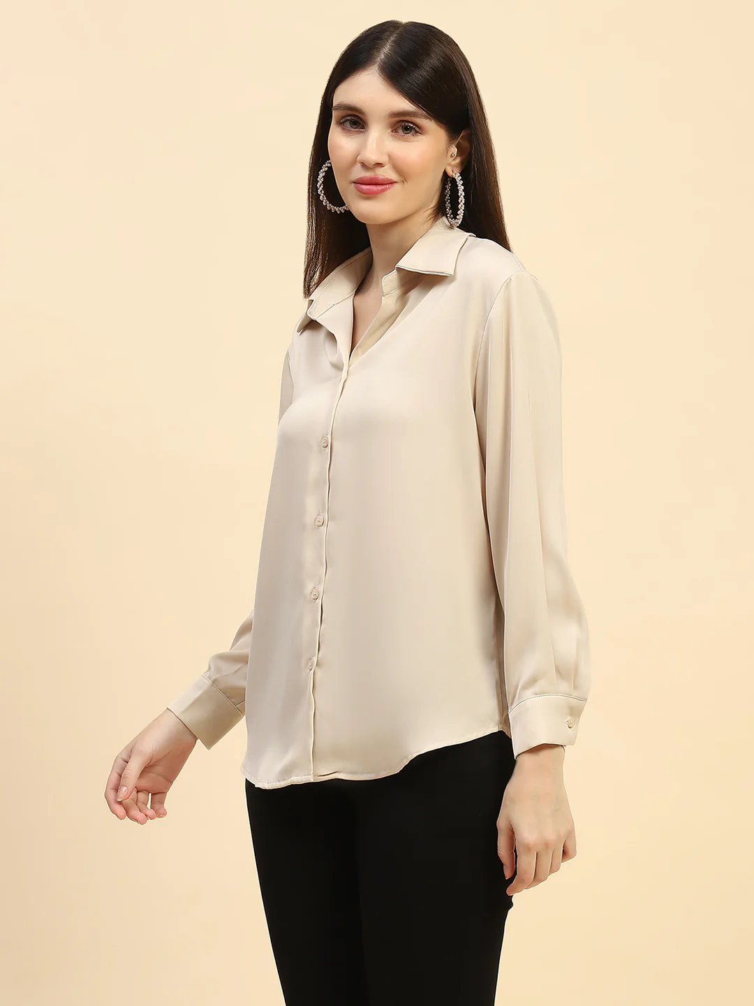 Champagne Solid Satin Relaxed Fit Shirt - Image 11