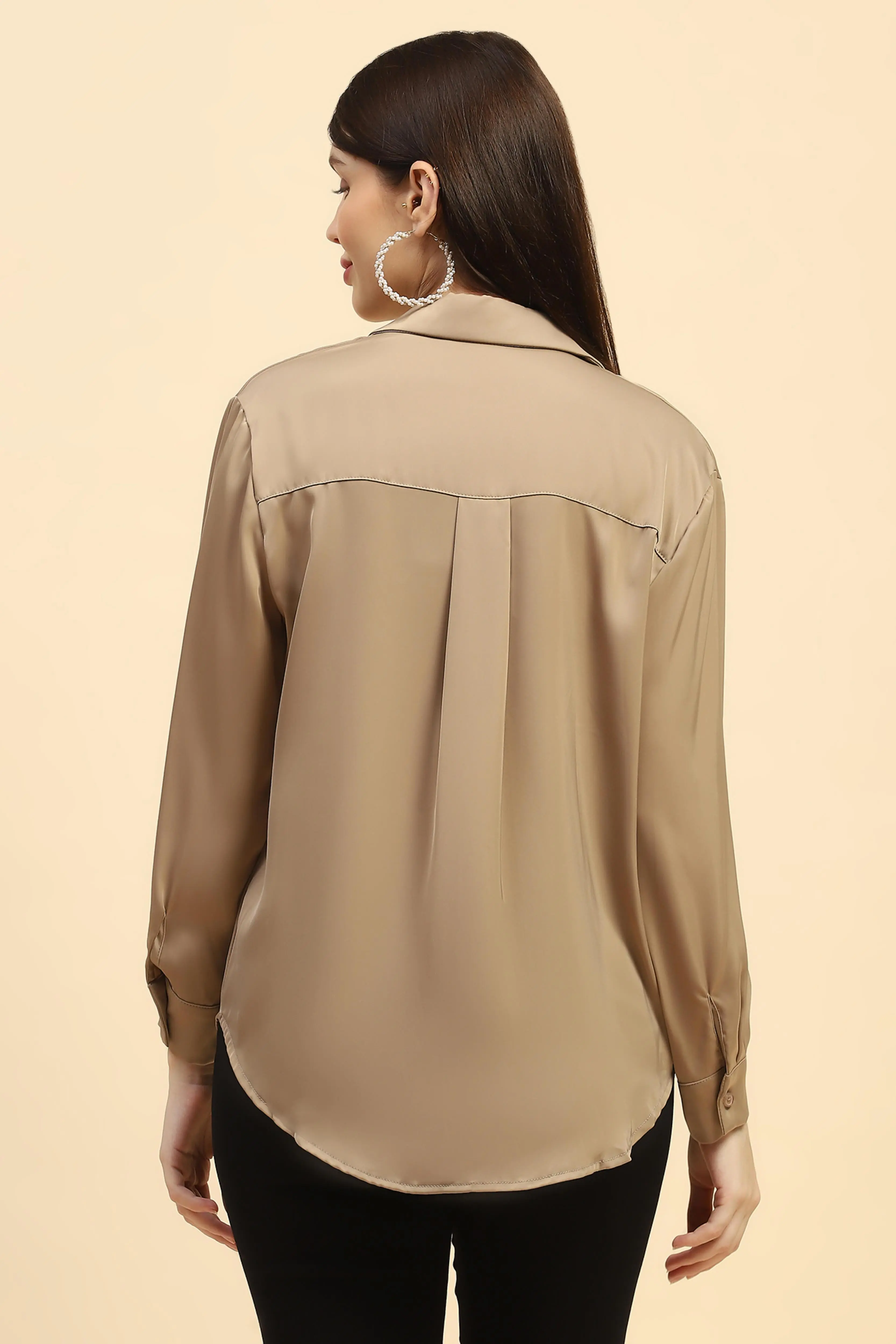 Champagne Solid Satin Relaxed Fit Shirt - Image 4