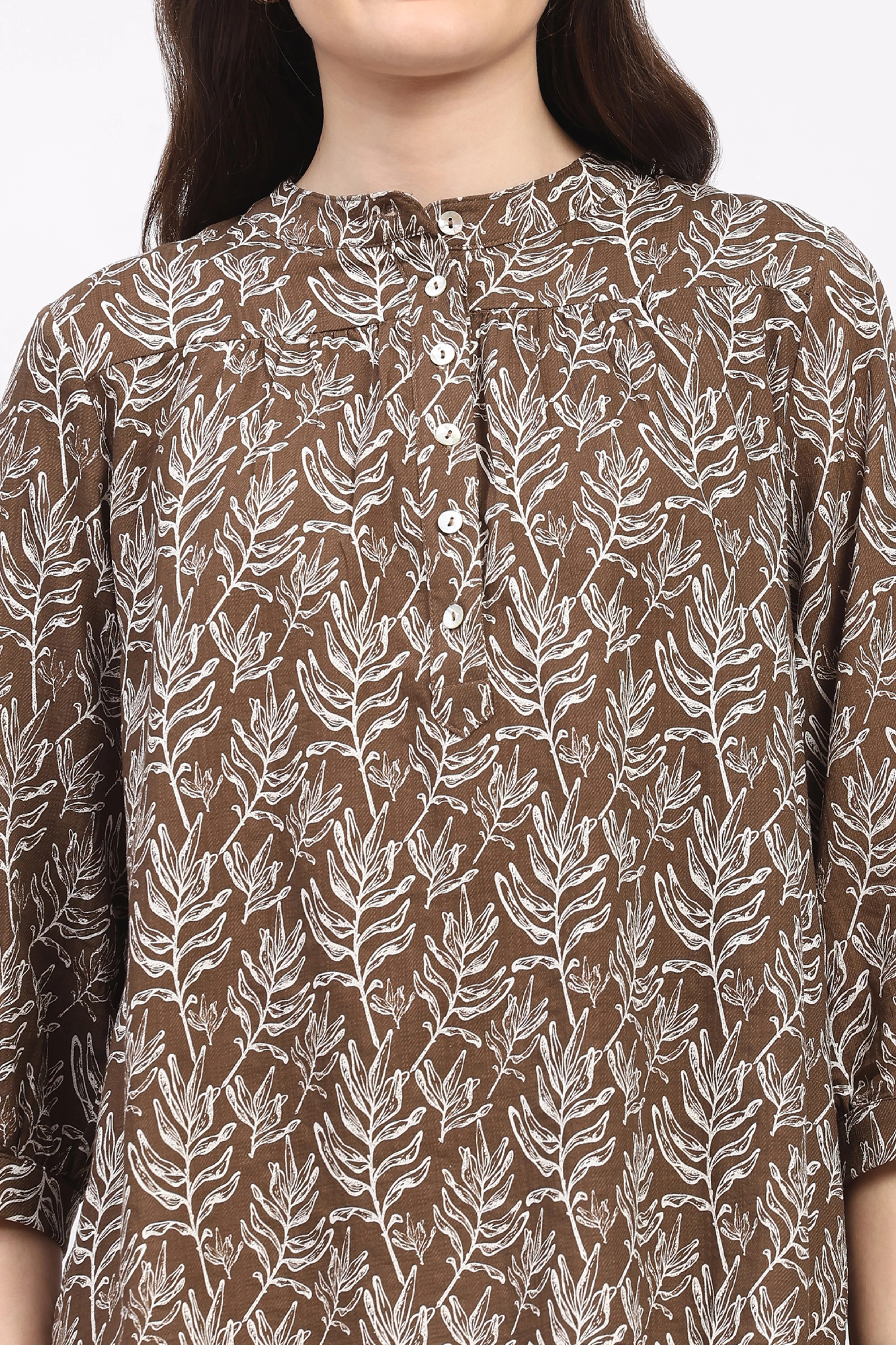 Coffee Brown Leaf Print Cotton Top - Image 6