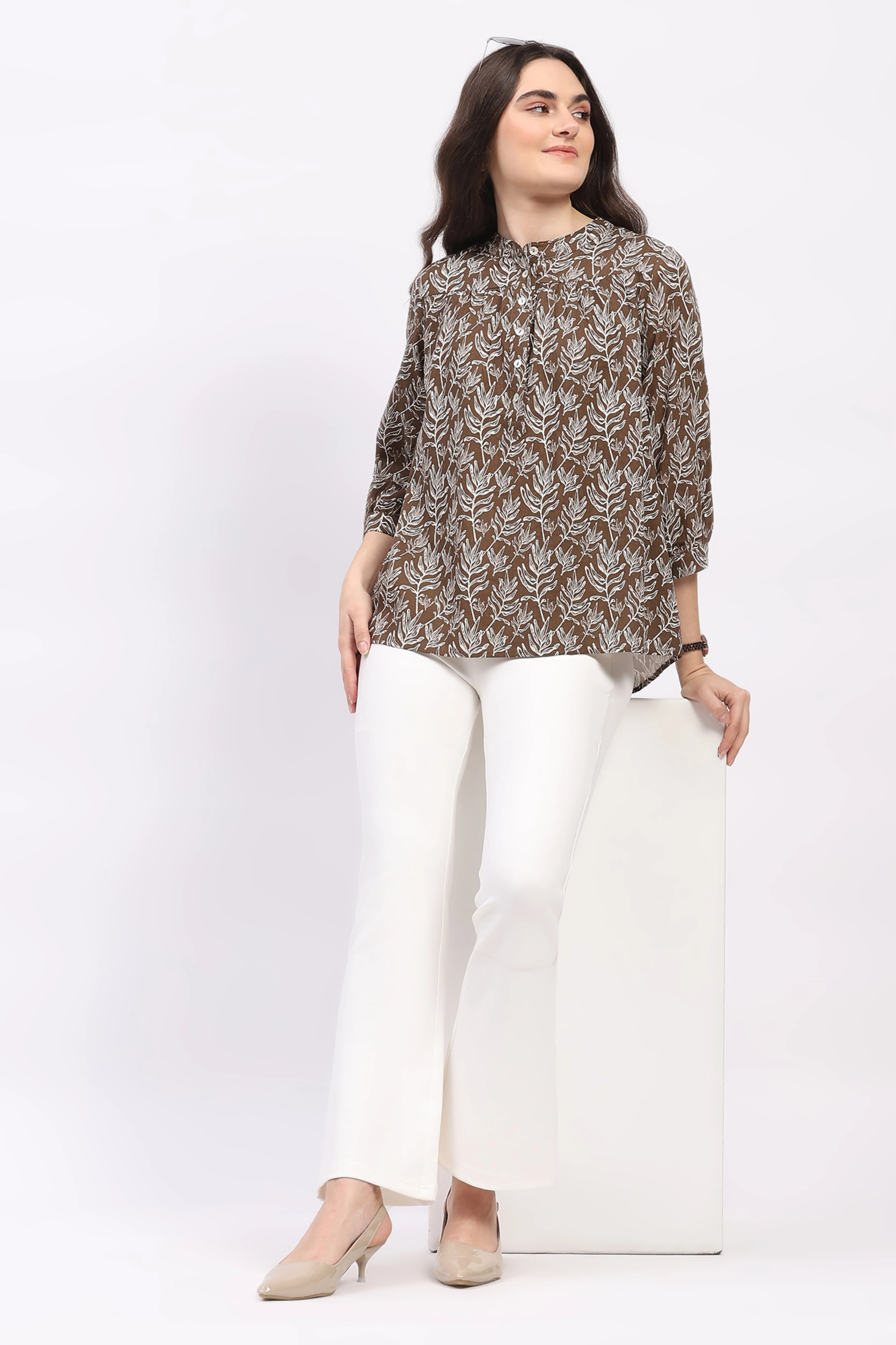 Coffee Brown Leaf Print Cotton Top - Image 7