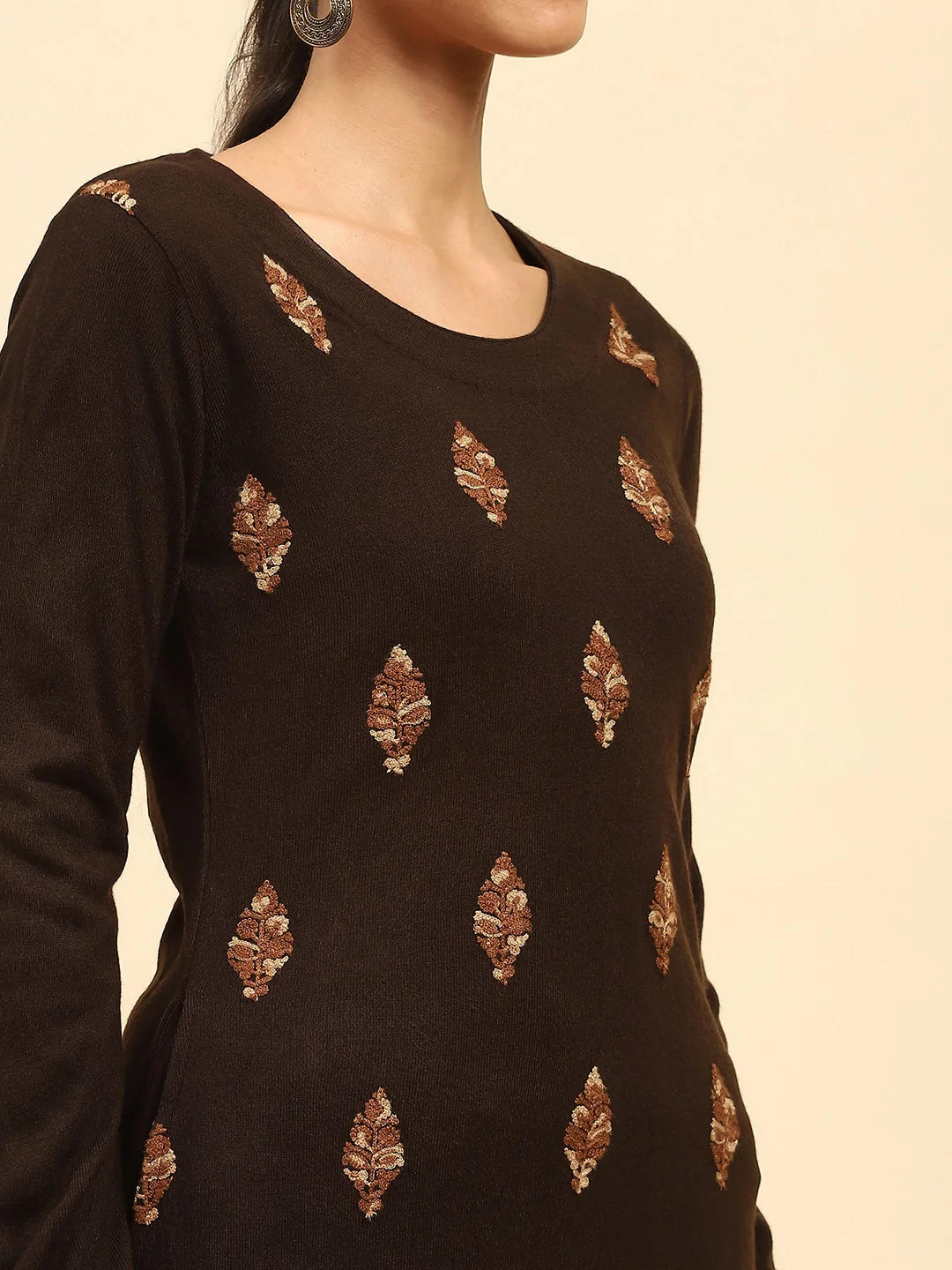 Coffee Woolen Embroidered Kurta Set - Image 12