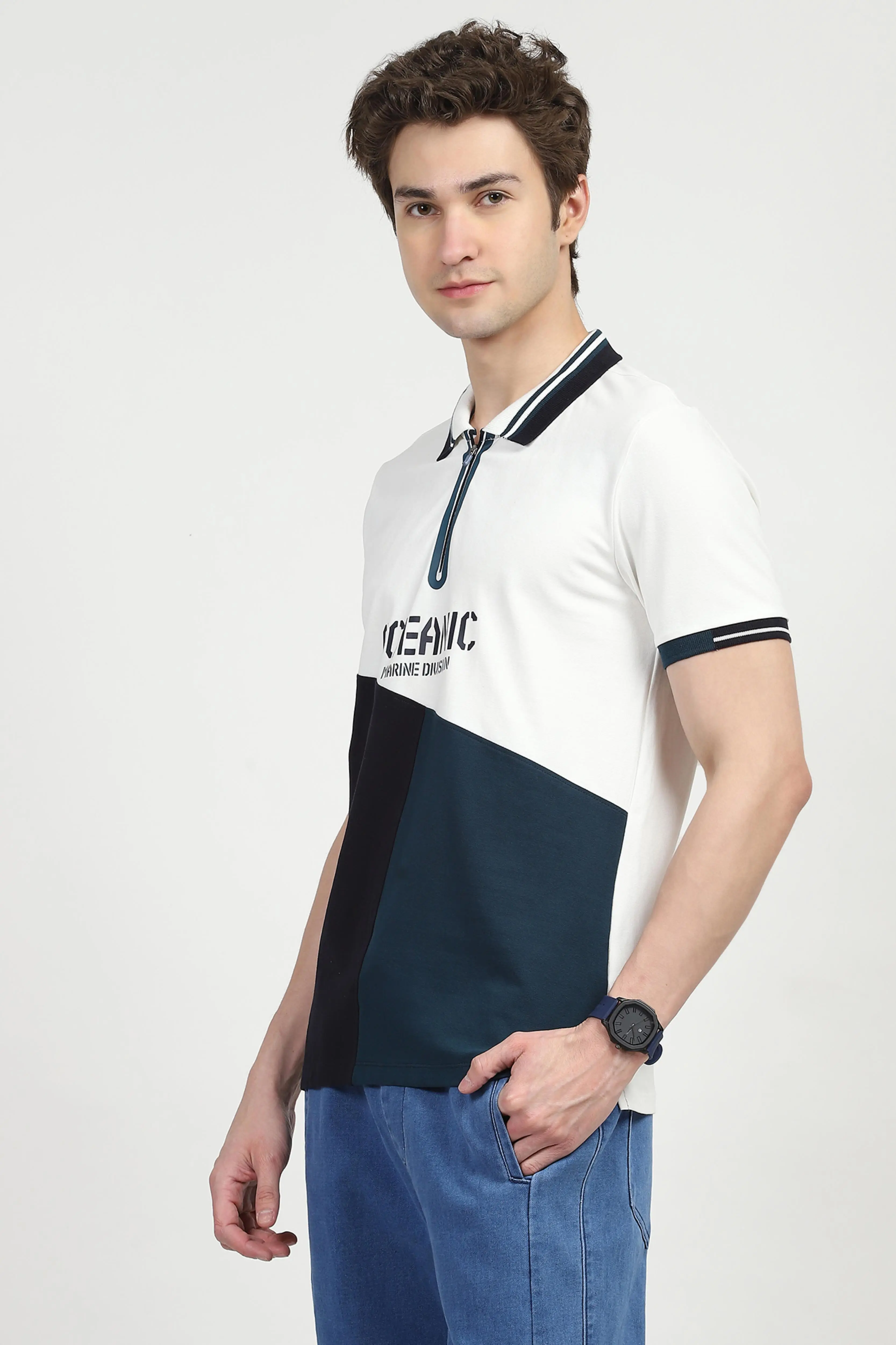 Blue Color Block Cotton Polo T-shirt - Image 2