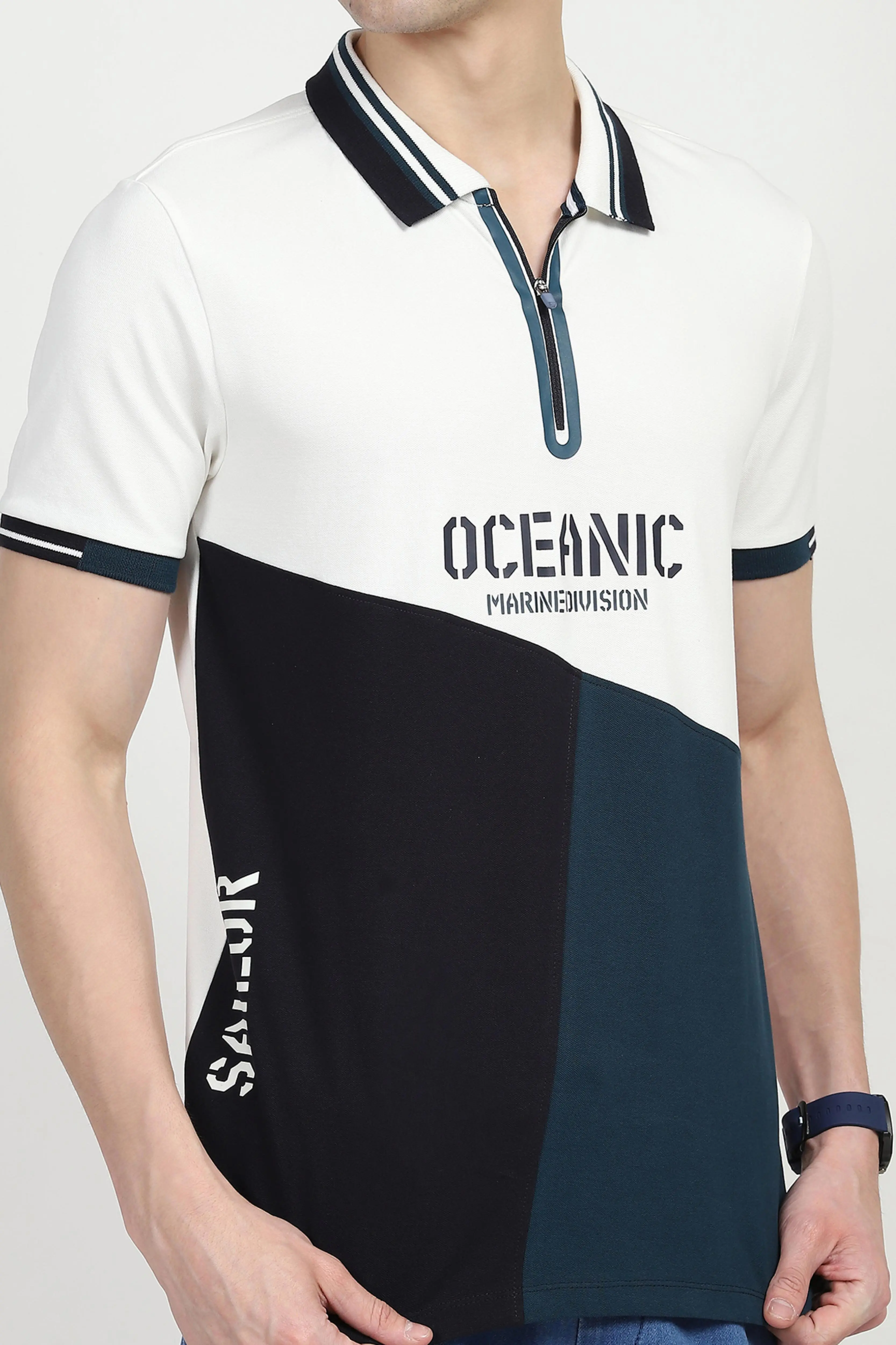 Blue Color Block Cotton Polo T-shirt - Image 5