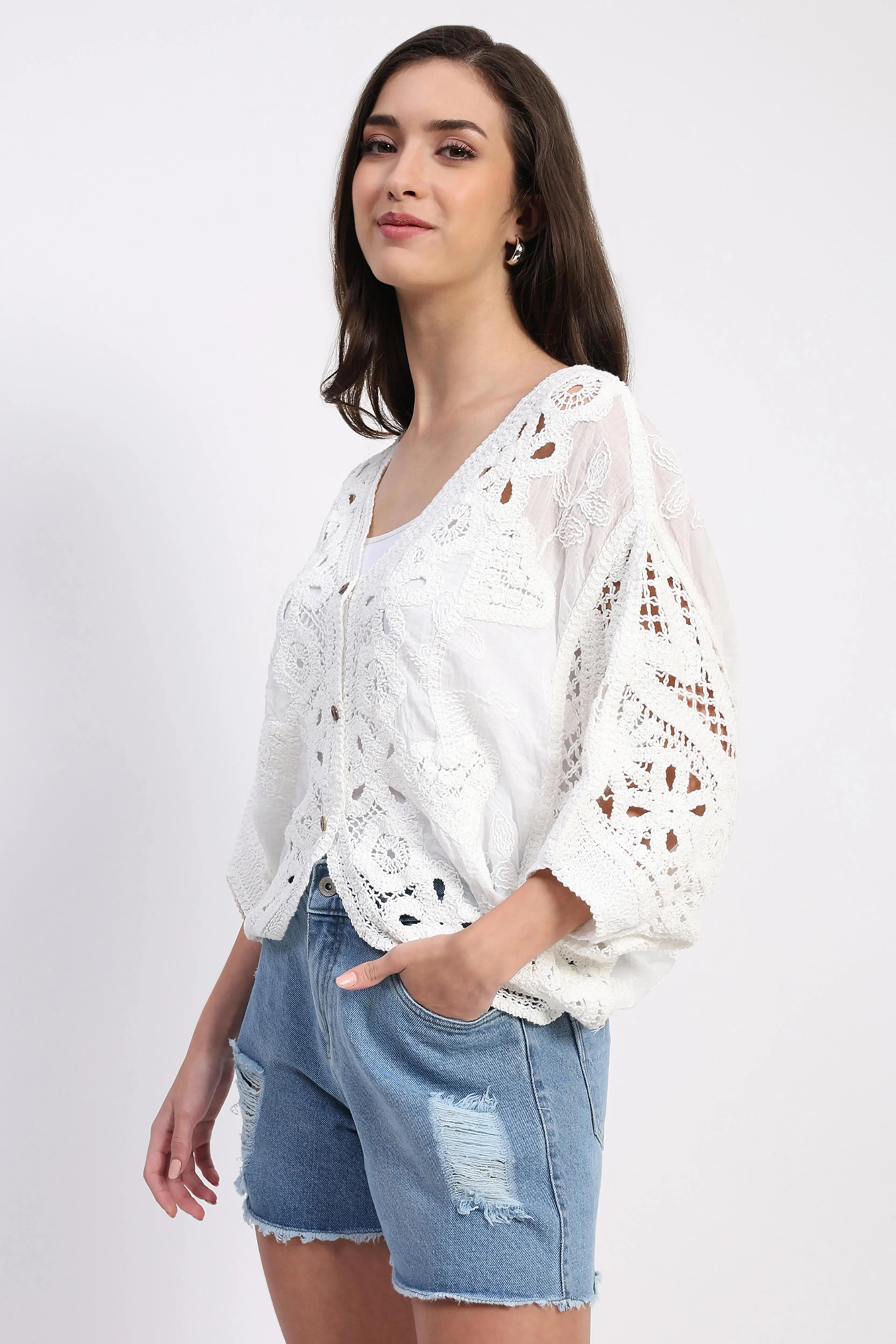 Cotton Embroidered Batwing Shrug - Image 2