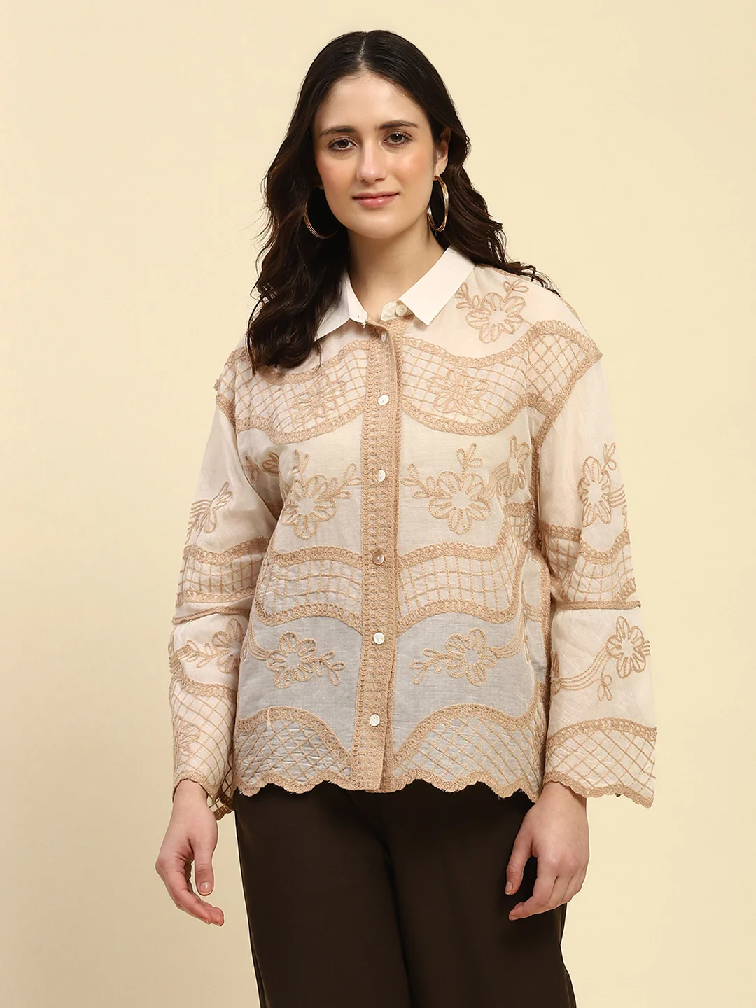 Cream & Beige Embroidered Cotton Shirt - Image 12