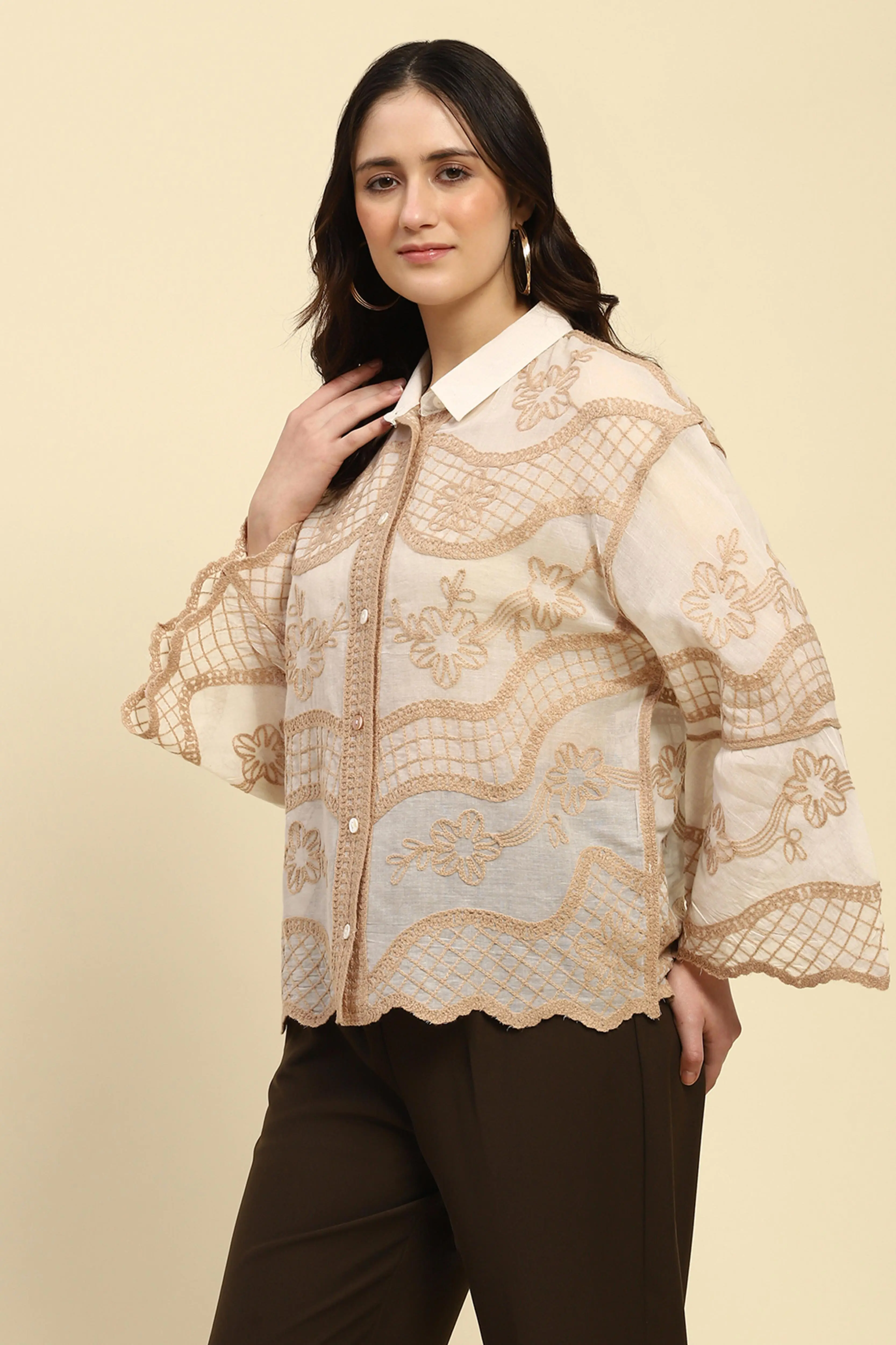 Cream & Beige Embroidered Cotton Shirt - Image 2
